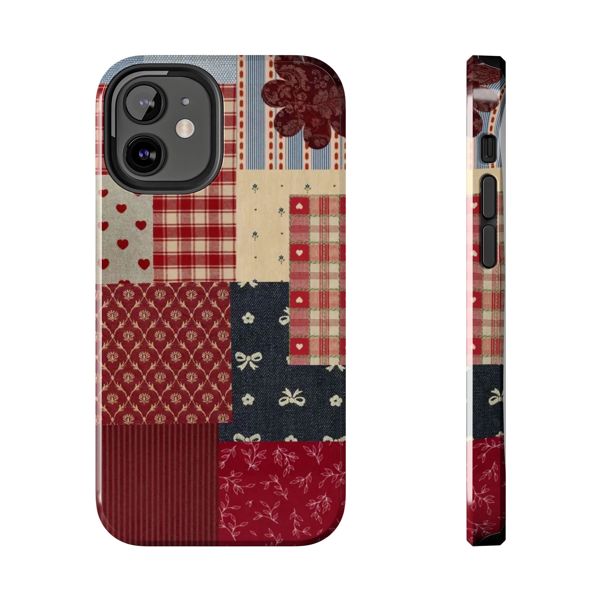 Red Patchwork Phone Case, Quilted Pattern Design, iPhone & Samsung Protective Cover, Rustic Farmhouse Style, Unique Gift for Women