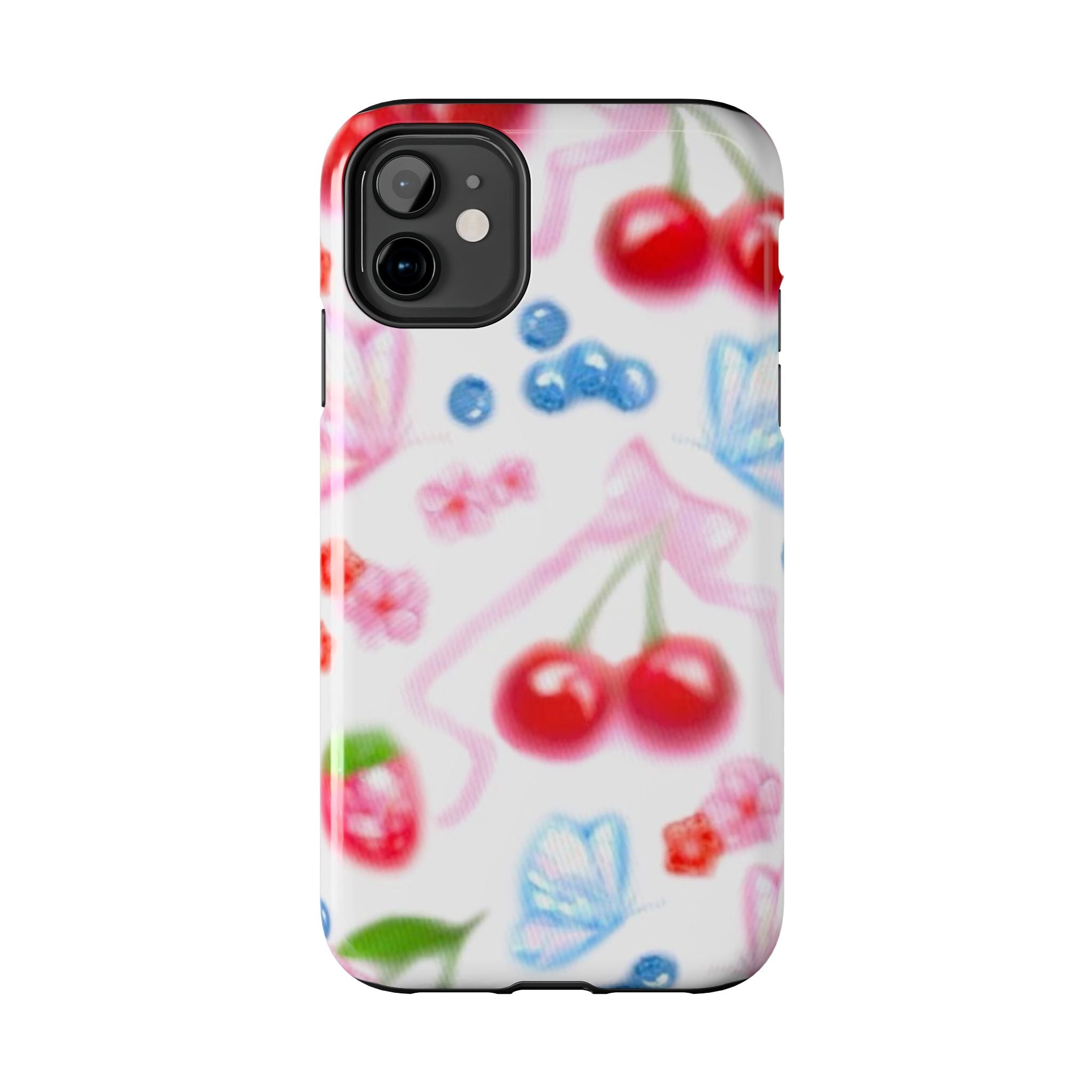 Cute Cherry Strawberry Phone Case, Bow Butterfly Design, iPhone & Samsung Protective Cover, Girls Women Fun Gift, Fruit Floral Pattern
