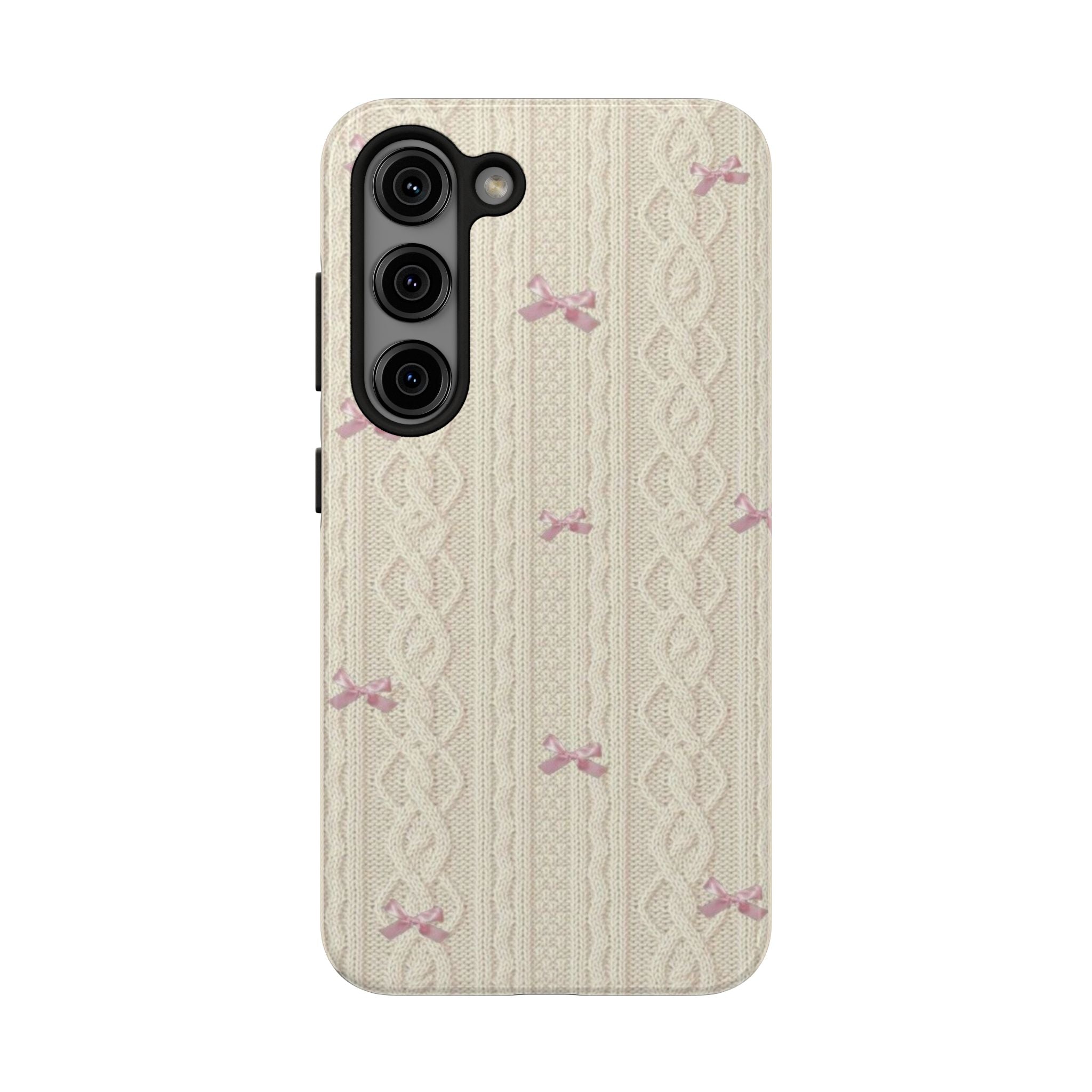 Knitted Sweater Phone Case, Cute Pink Bow Design, iPhone & Samsung Protective Cover, Cozy Aesthetic Pattern, Girls Women Unique Gift