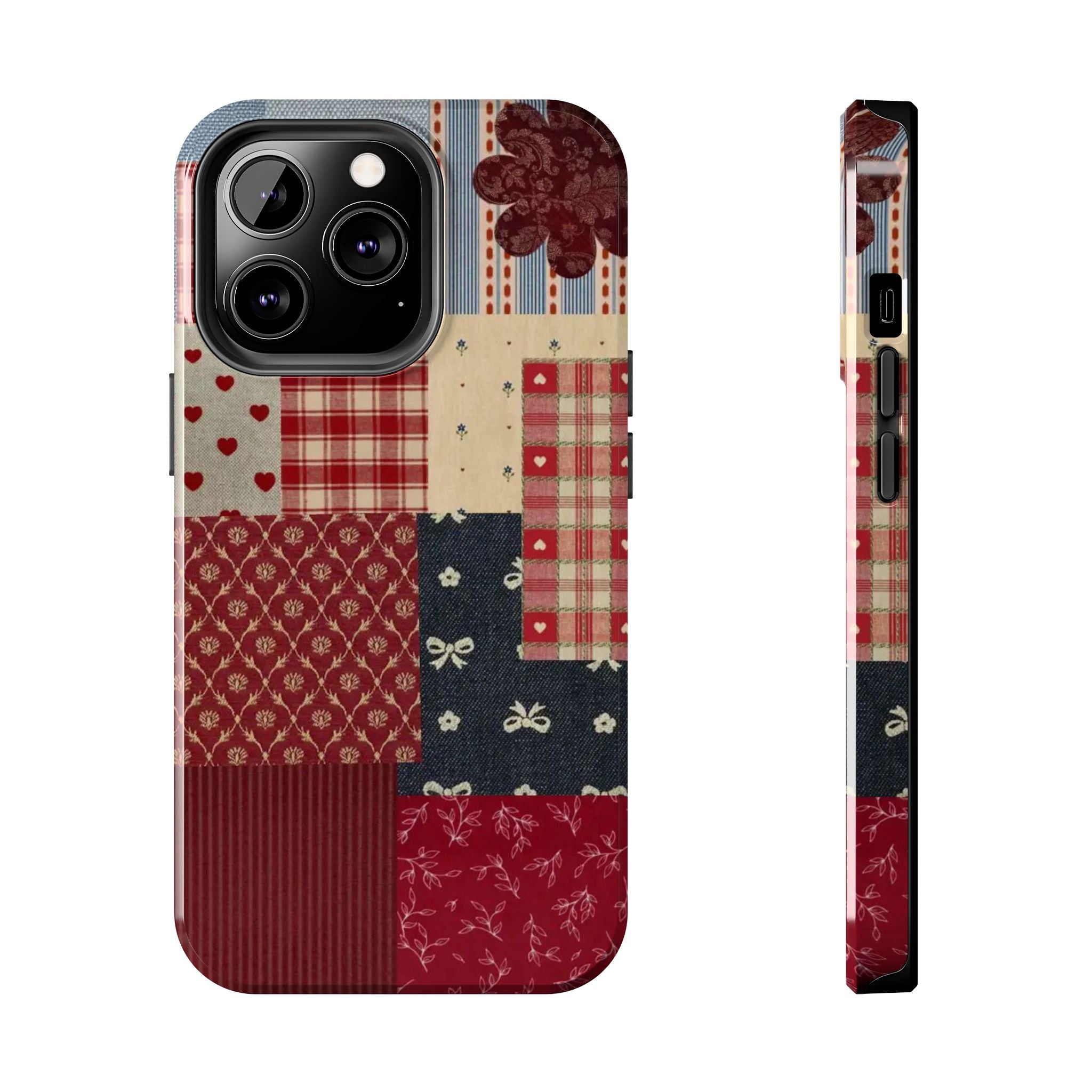 Red Patchwork Phone Case, Quilted Pattern Design, iPhone & Samsung Protective Cover, Rustic Farmhouse Style, Unique Gift for Women
