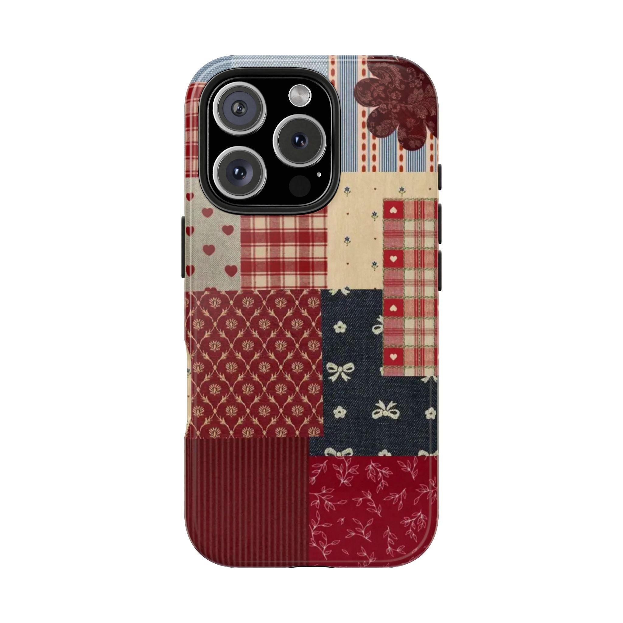 Red Patchwork Phone Case, Quilted Pattern Design, iPhone & Samsung Protective Cover, Rustic Farmhouse Style, Unique Gift for Women