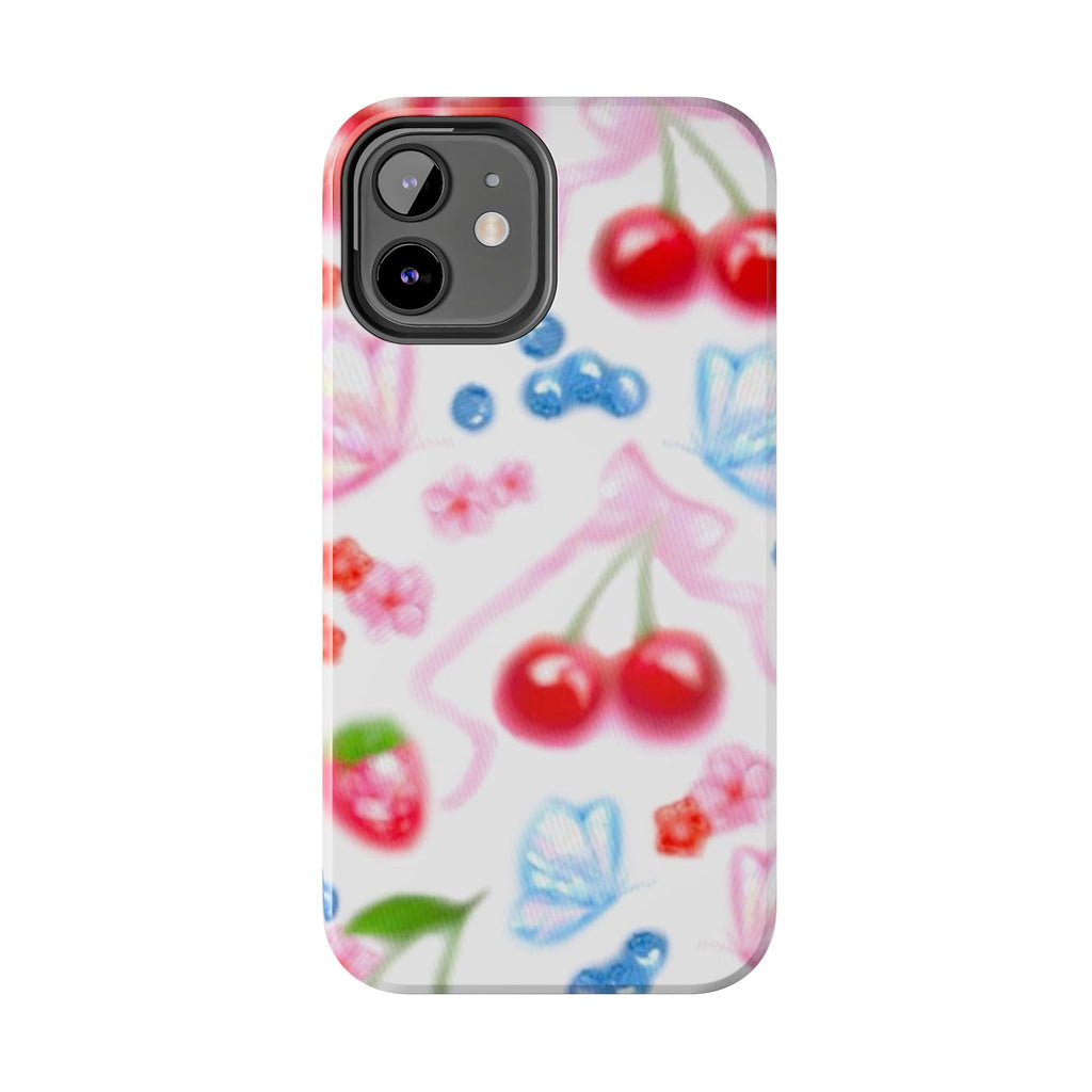 Cute Cherry Strawberry Phone Case, Bow Butterfly Design, iPhone & Samsung Protective Cover, Girls Women Fun Gift, Fruit Floral Pattern