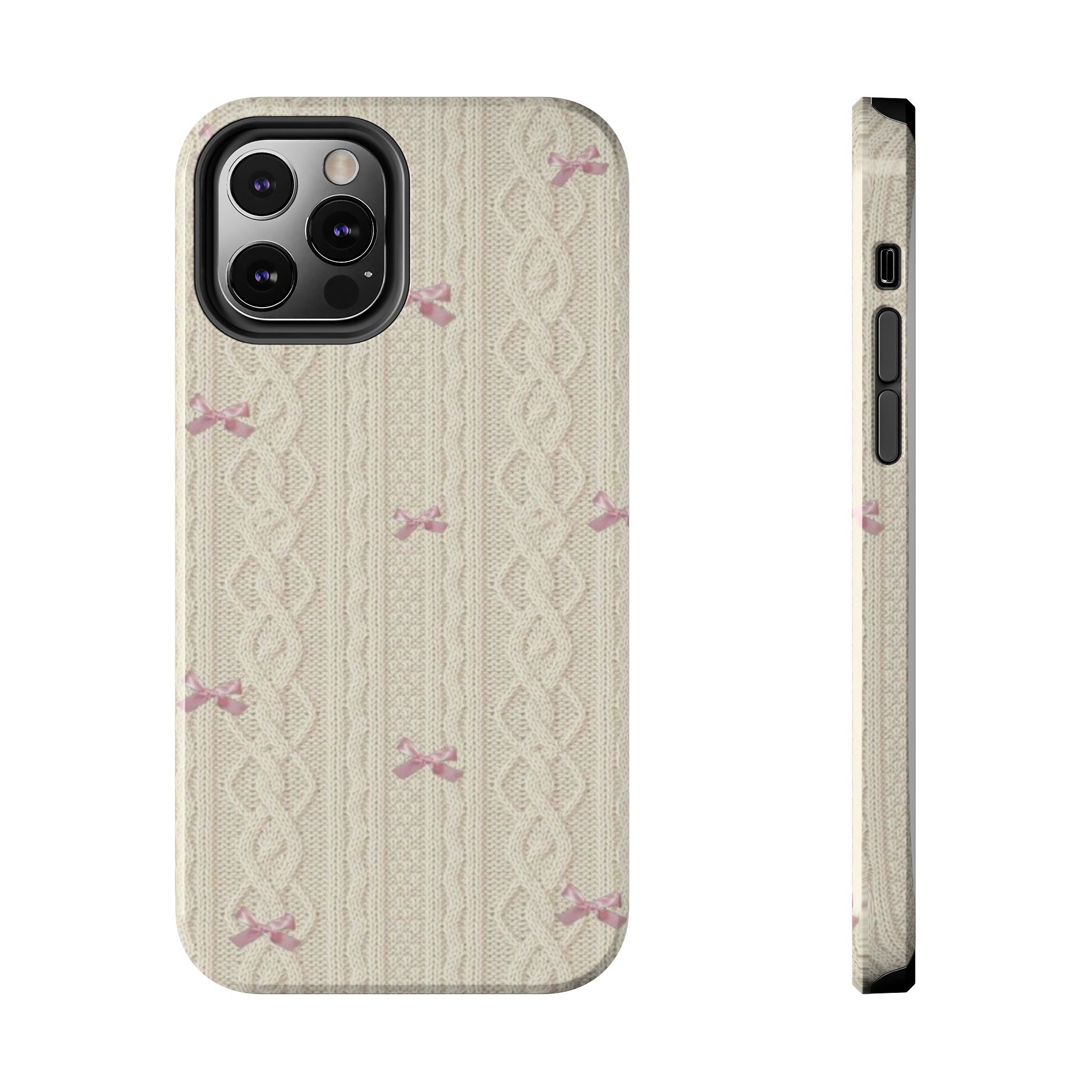 Knitted Sweater Phone Case, Cute Pink Bow Design, iPhone & Samsung Protective Cover, Cozy Aesthetic Pattern, Girls Women Unique Gift