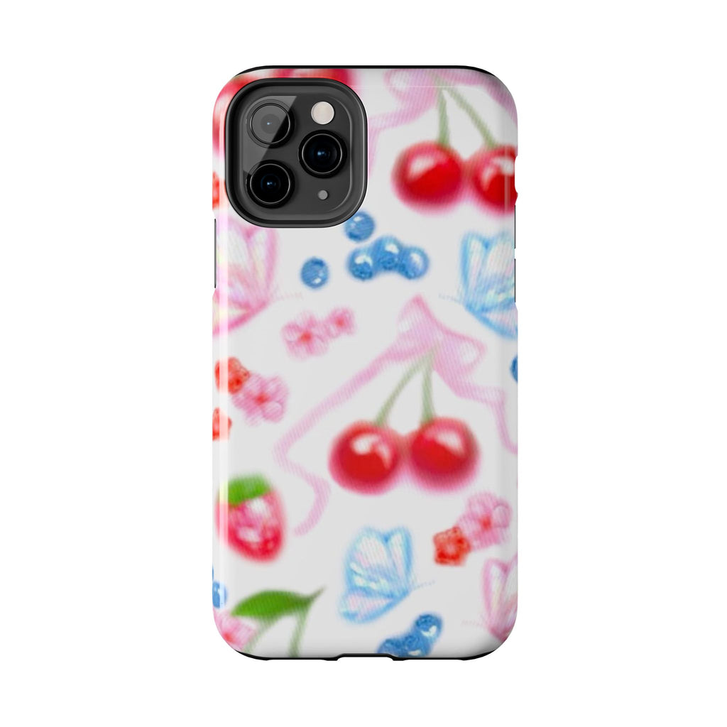 Cute Cherry Strawberry Phone Case, Bow Butterfly Design, iPhone & Samsung Protective Cover, Girls Women Fun Gift, Fruit Floral Pattern