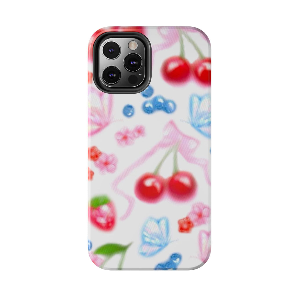 Cute Cherry Strawberry Phone Case, Bow Butterfly Design, iPhone & Samsung Protective Cover, Girls Women Fun Gift, Fruit Floral Pattern