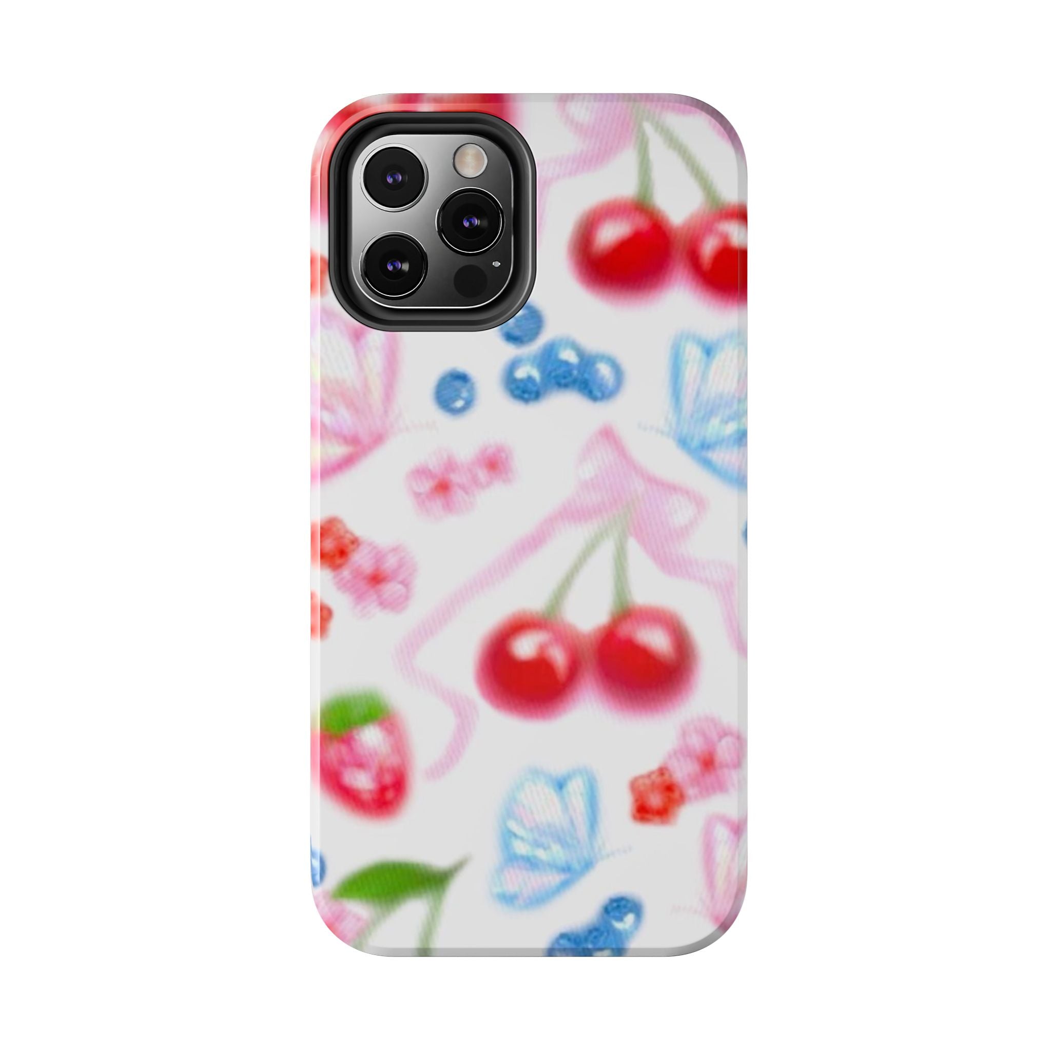 Cute Cherry Strawberry Phone Case, Bow Butterfly Design, iPhone & Samsung Protective Cover, Girls Women Fun Gift, Fruit Floral Pattern