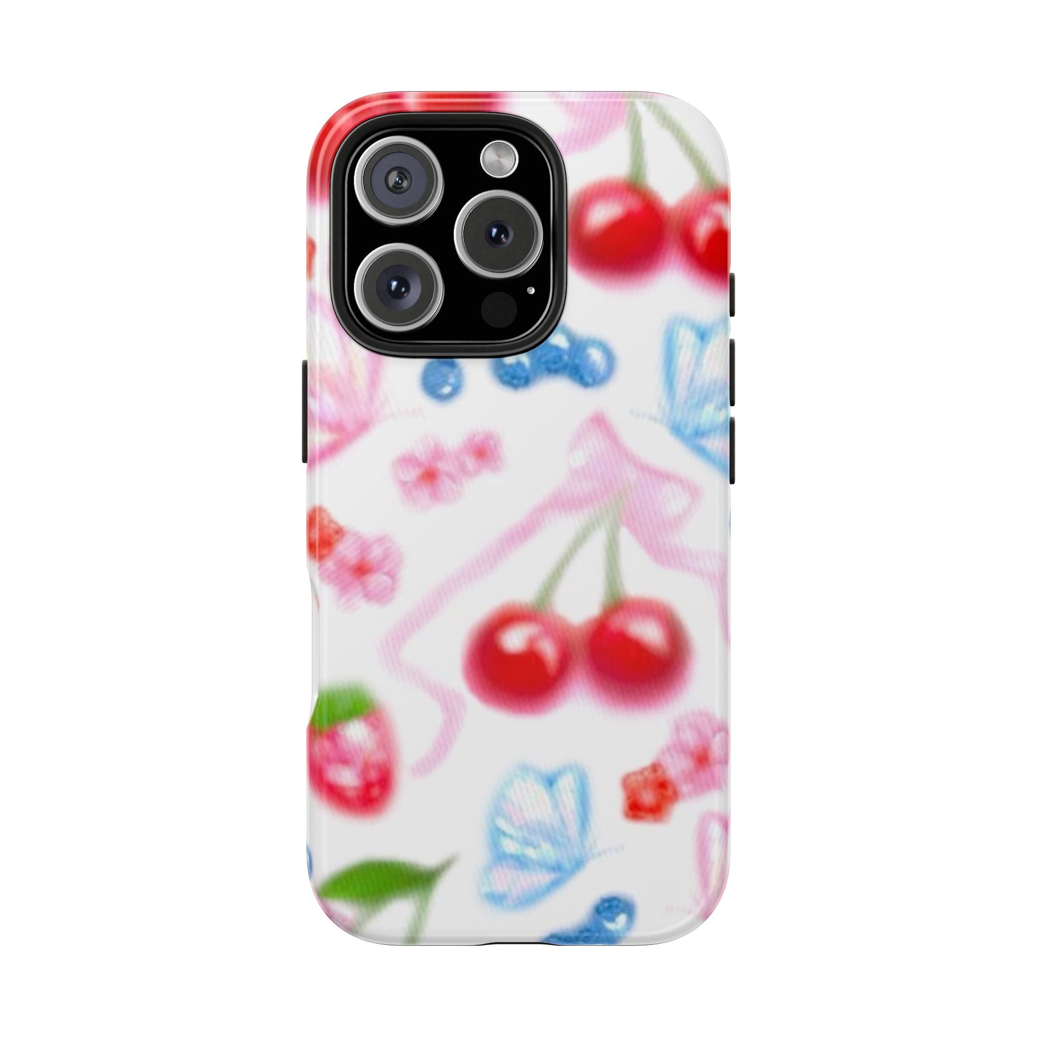 Cute Cherry Strawberry Phone Case, Bow Butterfly Design, iPhone & Samsung Protective Cover, Girls Women Fun Gift, Fruit Floral Pattern