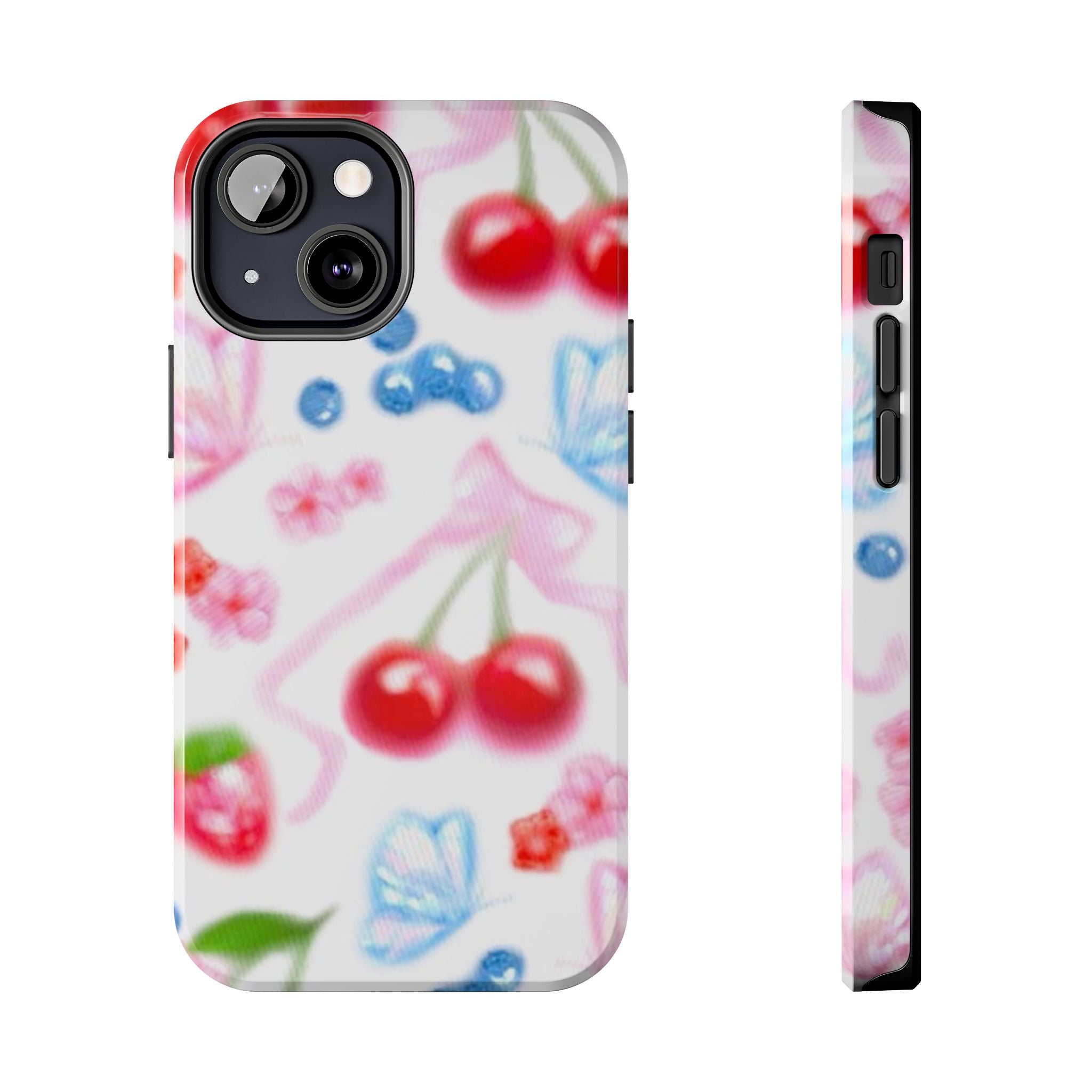 Cute Cherry Strawberry Phone Case, Bow Butterfly Design, iPhone & Samsung Protective Cover, Girls Women Fun Gift, Fruit Floral Pattern