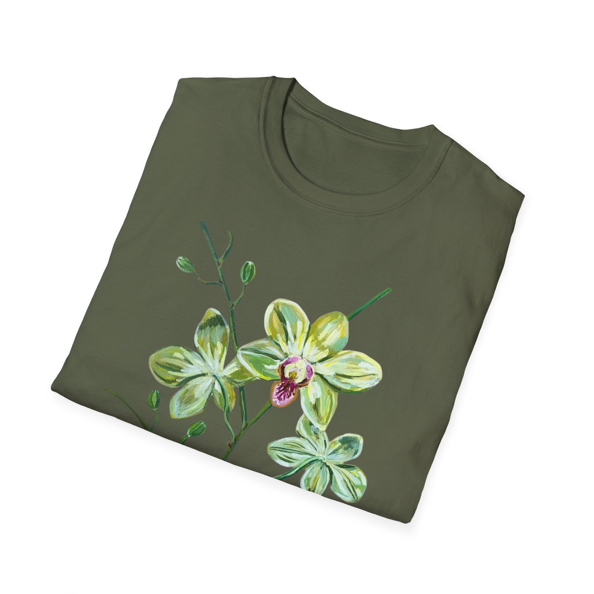 Green Orchid T-Shirt, Botanical Floral Graphic Tee, Nature Plant Art Shirt, Soft Cotton Apparel, Unique Gift for Women Men