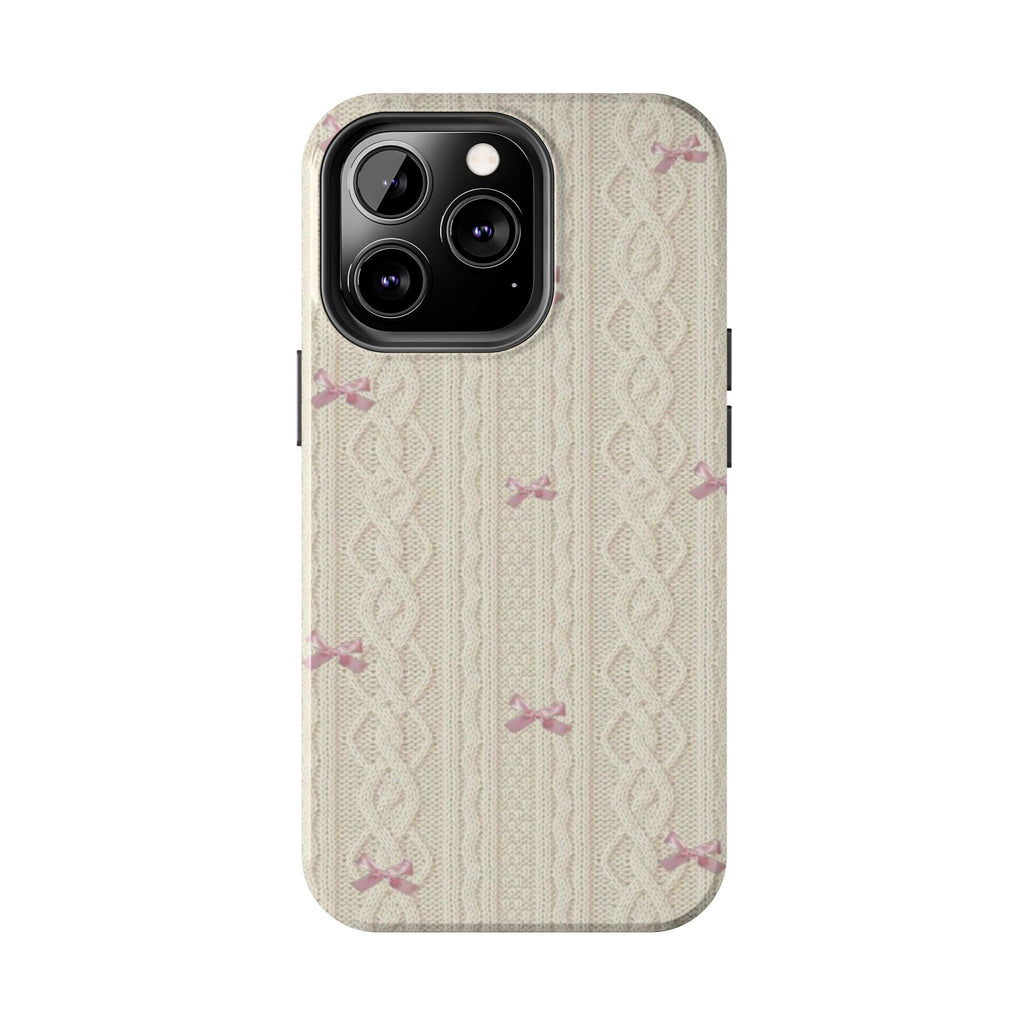 Knitted Sweater Phone Case, Cute Pink Bow Design, iPhone & Samsung Protective Cover, Cozy Aesthetic Pattern, Girls Women Unique Gift