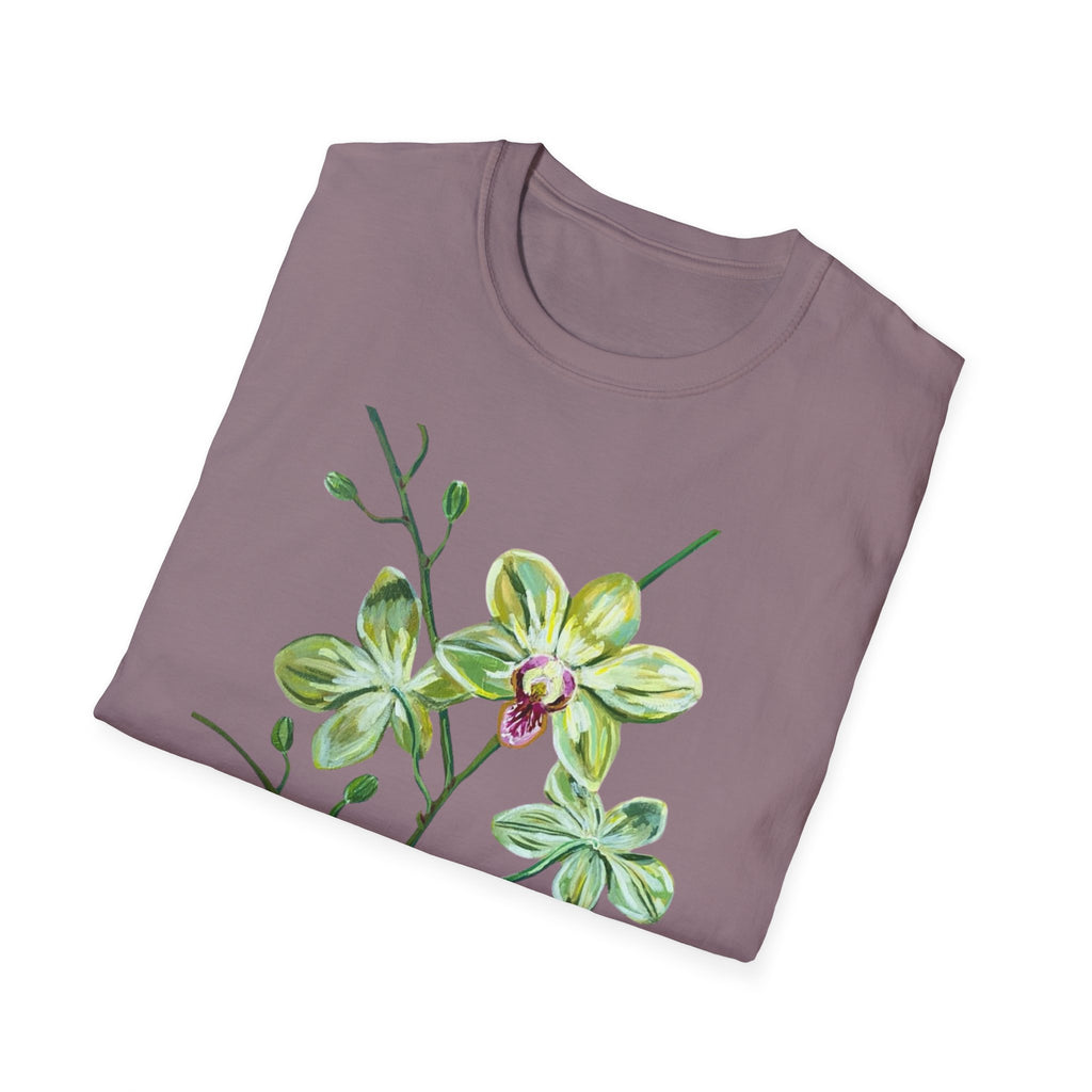 Green Orchid T-Shirt, Botanical Floral Graphic Tee, Nature Plant Art Shirt, Soft Cotton Apparel, Unique Gift for Women Men