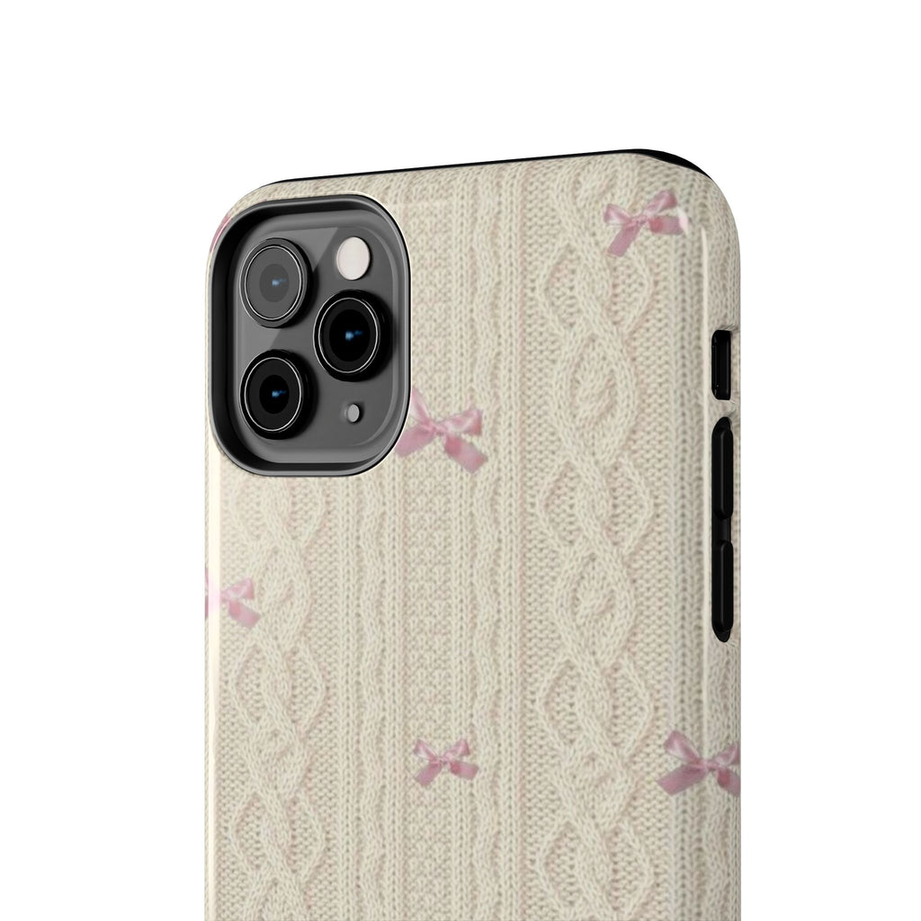 Knitted Sweater Phone Case, Cute Pink Bow Design, iPhone & Samsung Protective Cover, Cozy Aesthetic Pattern, Girls Women Unique Gift