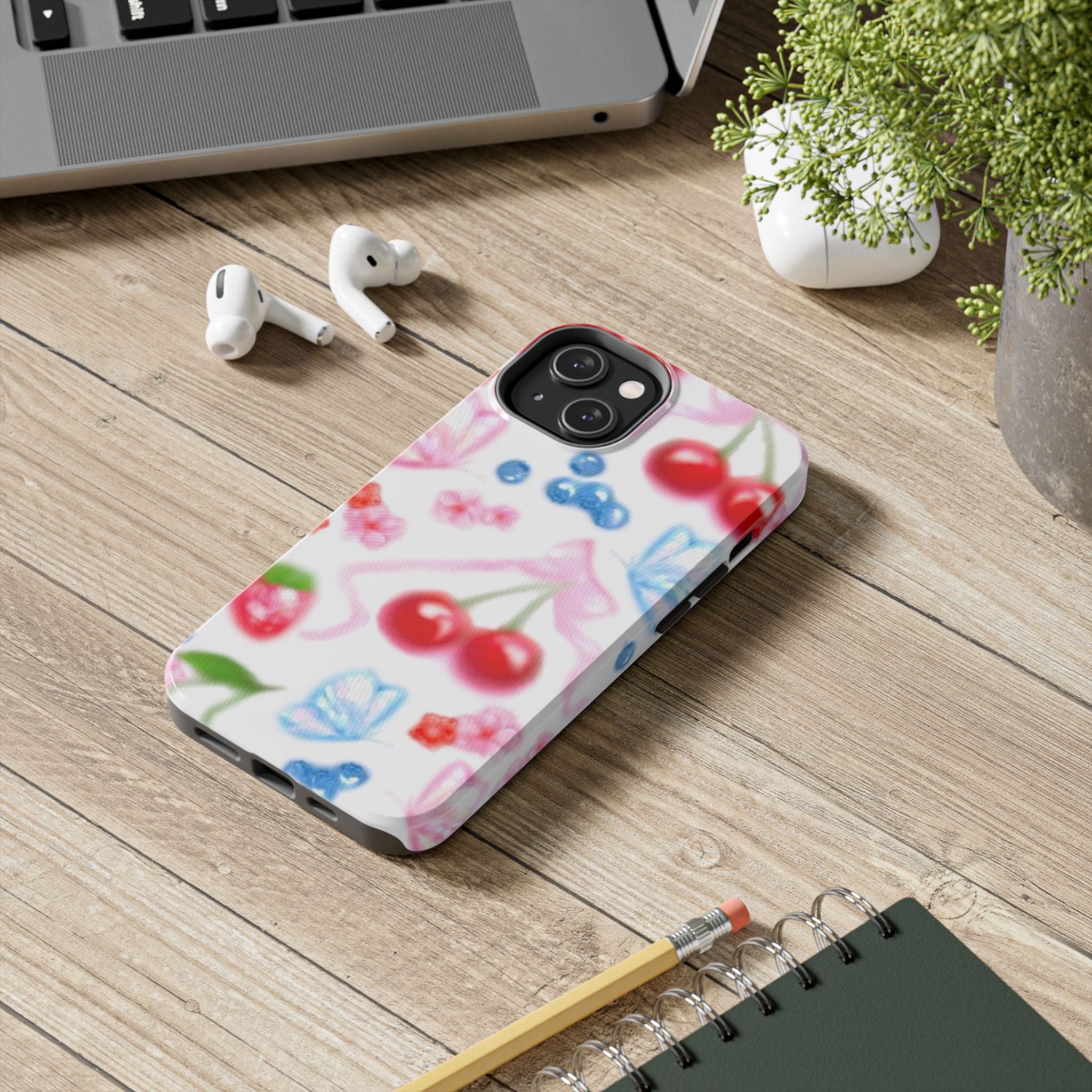 Cute Cherry Strawberry Phone Case, Bow Butterfly Design, iPhone & Samsung Protective Cover, Girls Women Fun Gift, Fruit Floral Pattern