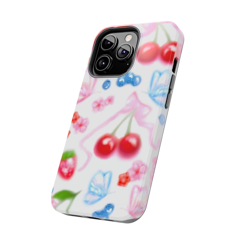 Cute Cherry Strawberry Phone Case, Bow Butterfly Design, iPhone & Samsung Protective Cover, Girls Women Fun Gift, Fruit Floral Pattern
