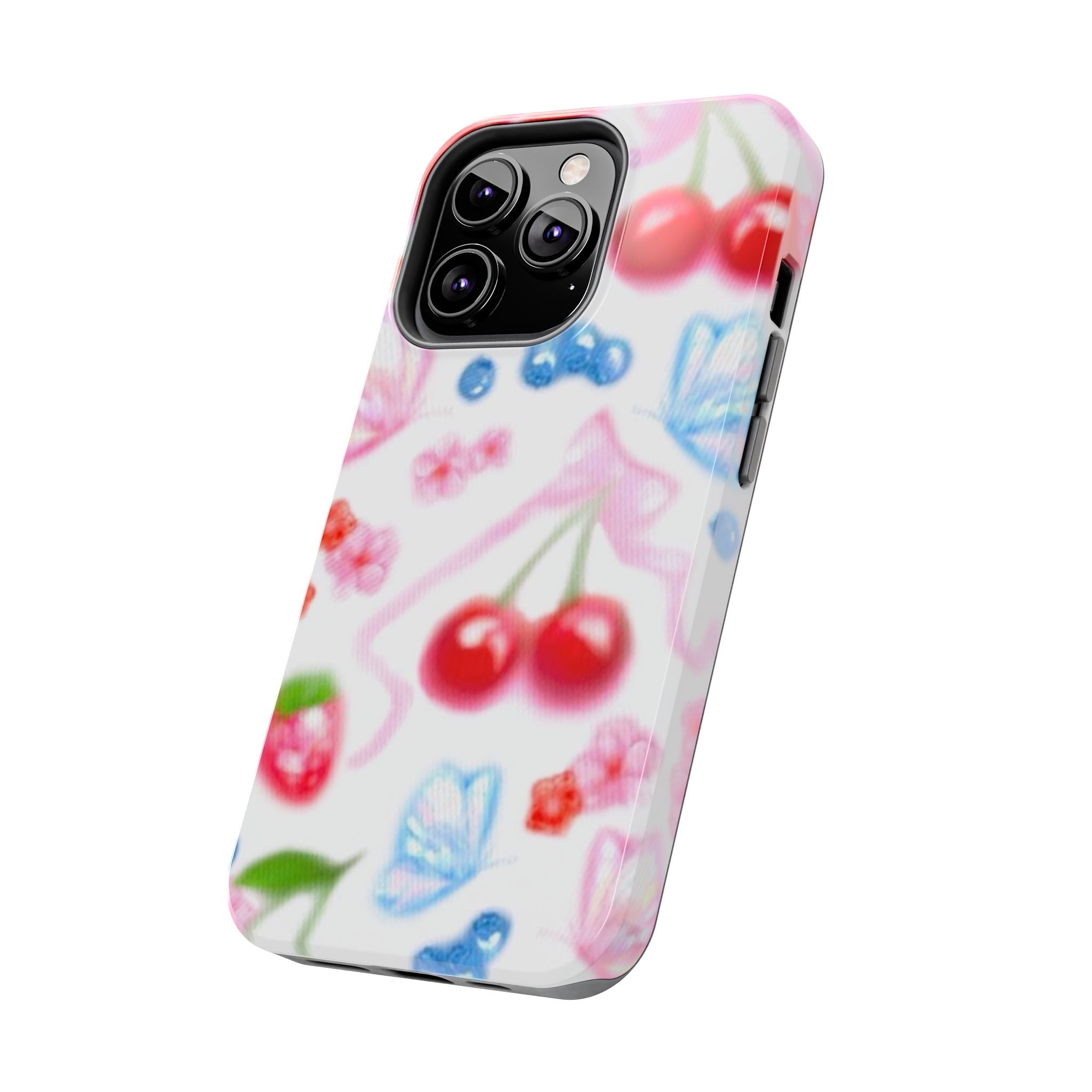 Cute Cherry Strawberry Phone Case, Bow Butterfly Design, iPhone & Samsung Protective Cover, Girls Women Fun Gift, Fruit Floral Pattern