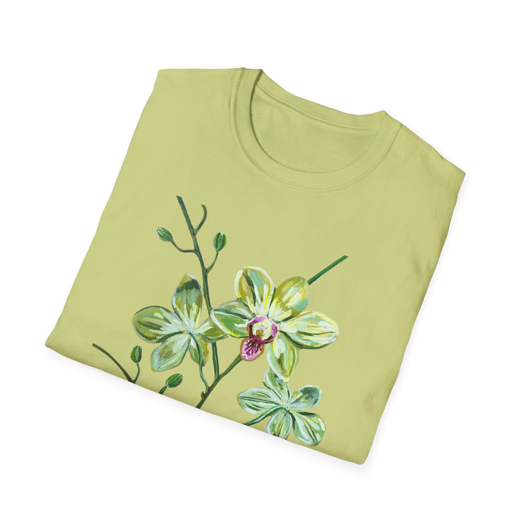 Green Orchid T-Shirt, Botanical Floral Graphic Tee, Nature Plant Art Shirt, Soft Cotton Apparel, Unique Gift for Women Men