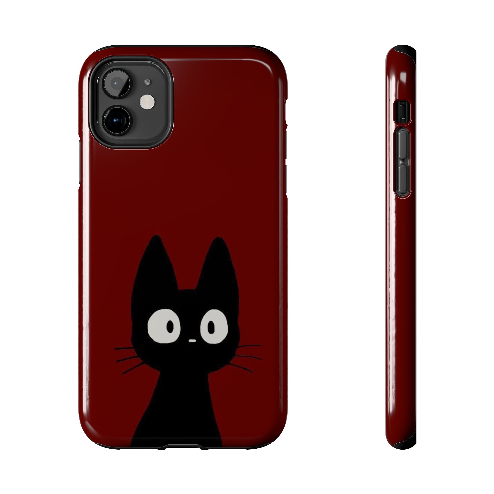 Black Cat Phone Case – Minimal Cute Design, Slim Protective Burgundy Cover