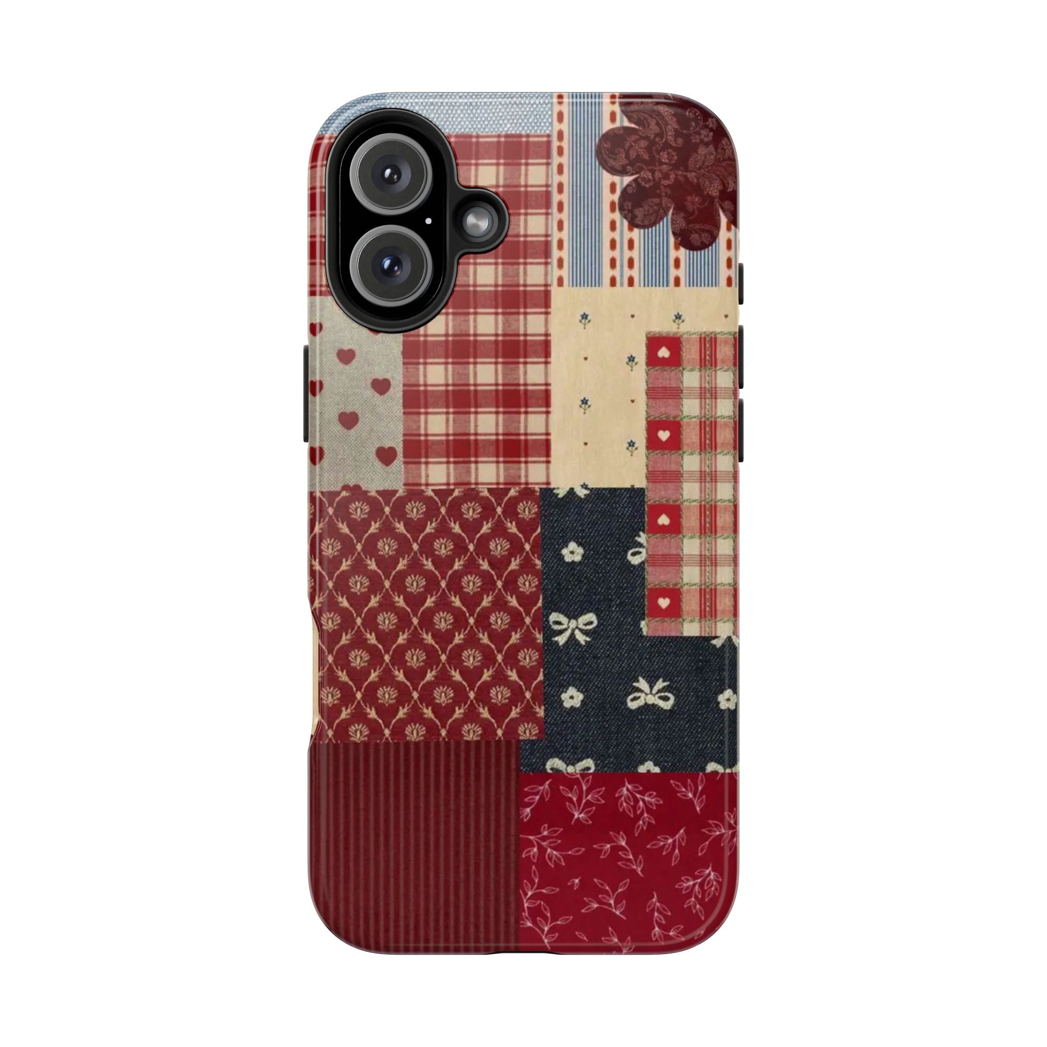 Red Patchwork Phone Case, Quilted Pattern Design, iPhone & Samsung Protective Cover, Rustic Farmhouse Style, Unique Gift for Women