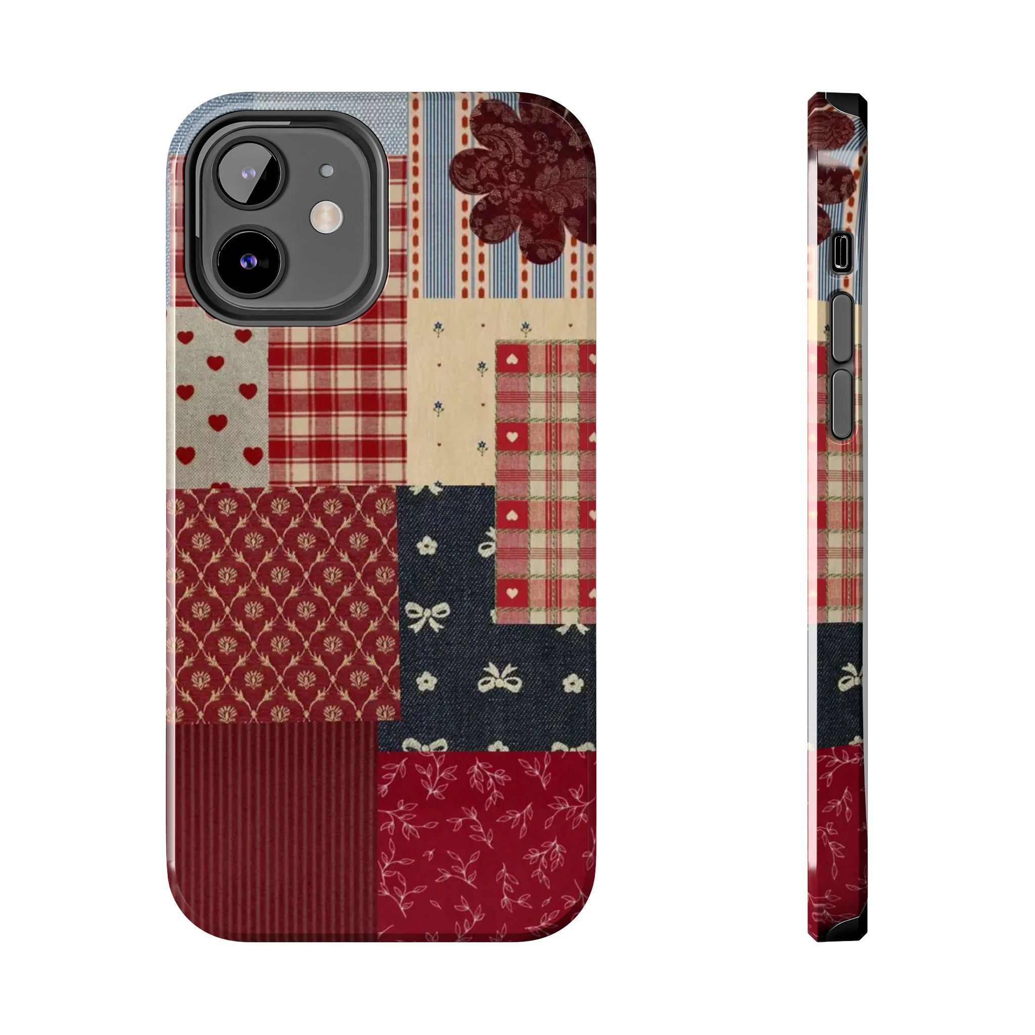 Red Patchwork Phone Case, Quilted Pattern Design, iPhone & Samsung Protective Cover, Rustic Farmhouse Style, Unique Gift for Women