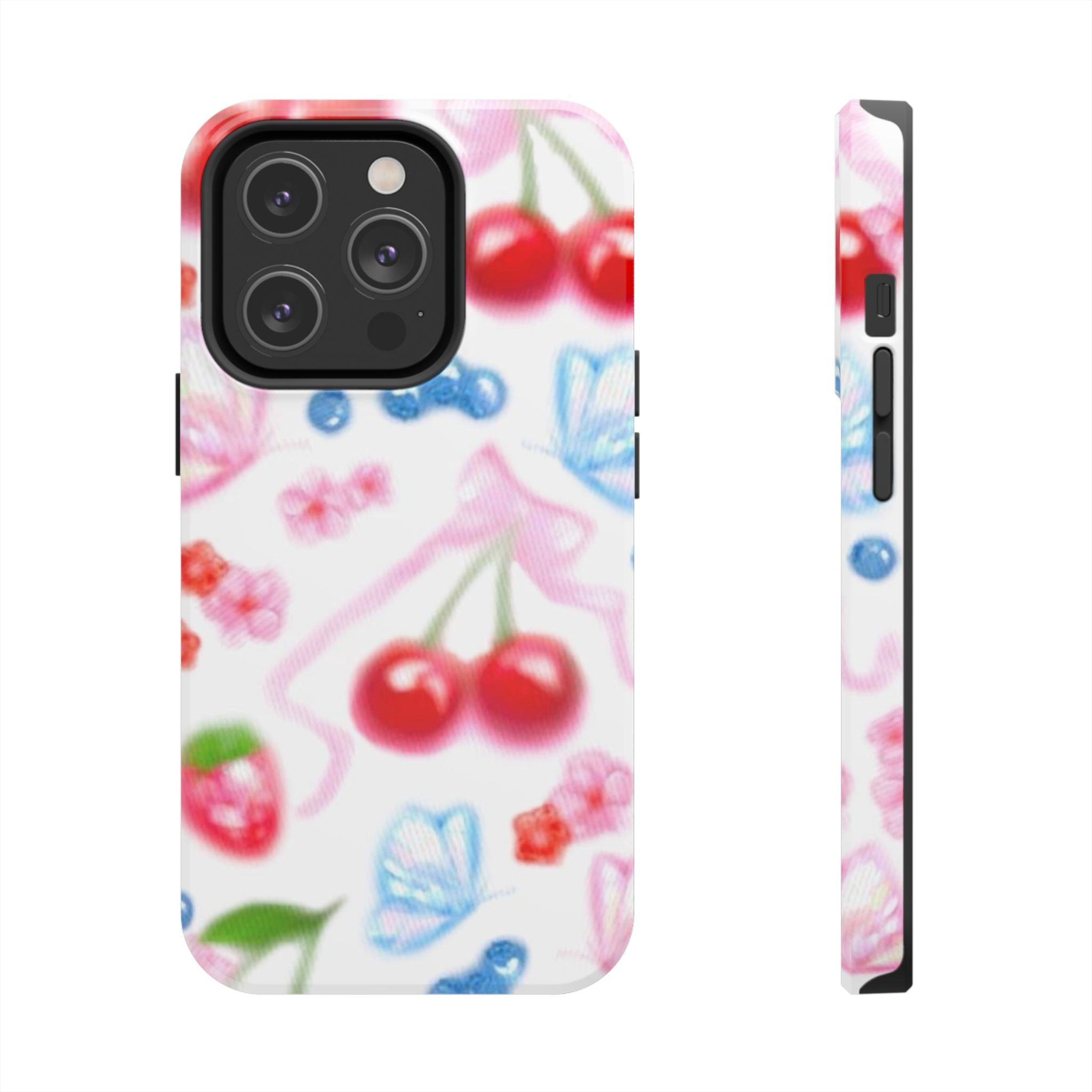 Cute Cherry Strawberry Phone Case, Bow Butterfly Design, iPhone & Samsung Protective Cover, Girls Women Fun Gift, Fruit Floral Pattern
