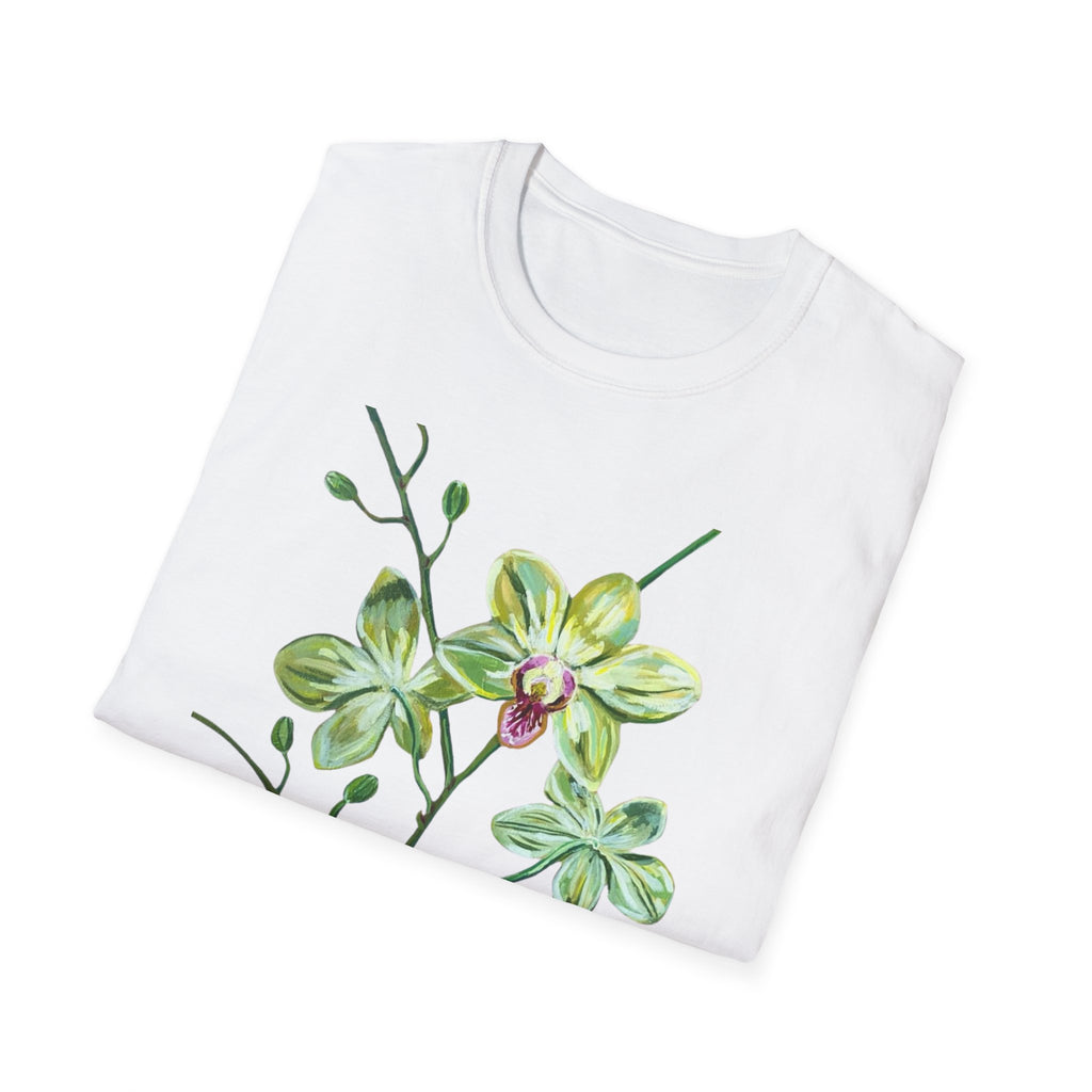 Green Orchid T-Shirt, Botanical Floral Graphic Tee, Nature Plant Art Shirt, Soft Cotton Apparel, Unique Gift for Women Men