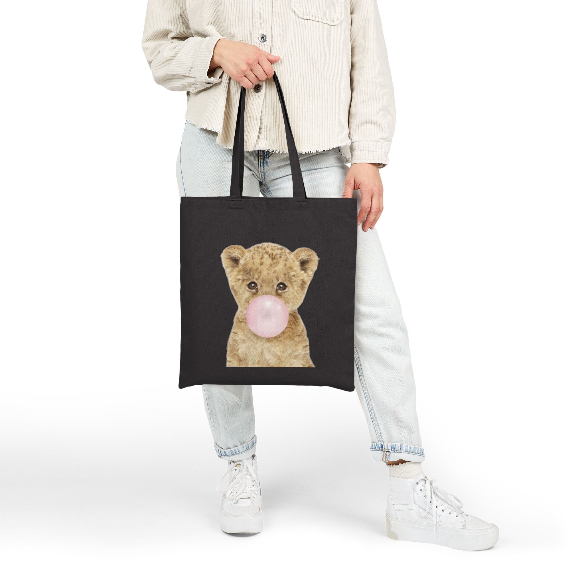 Cute Baby Lion Tote Bag, Bubblegum Animal Design, Aesthetic Cotton Canvas Bag, Reusable Shopping Gift, Wildlife Lover Accessory