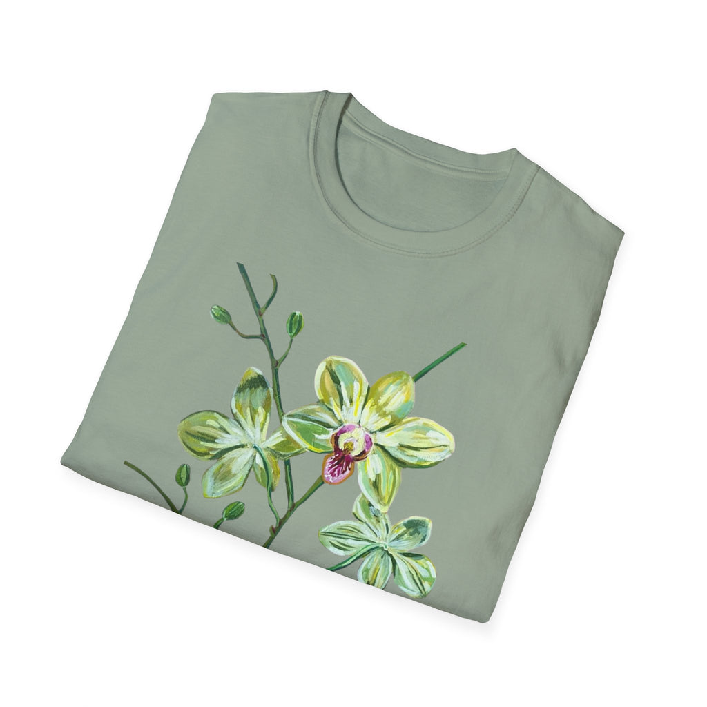 Green Orchid T-Shirt, Botanical Floral Graphic Tee, Nature Plant Art Shirt, Soft Cotton Apparel, Unique Gift for Women Men