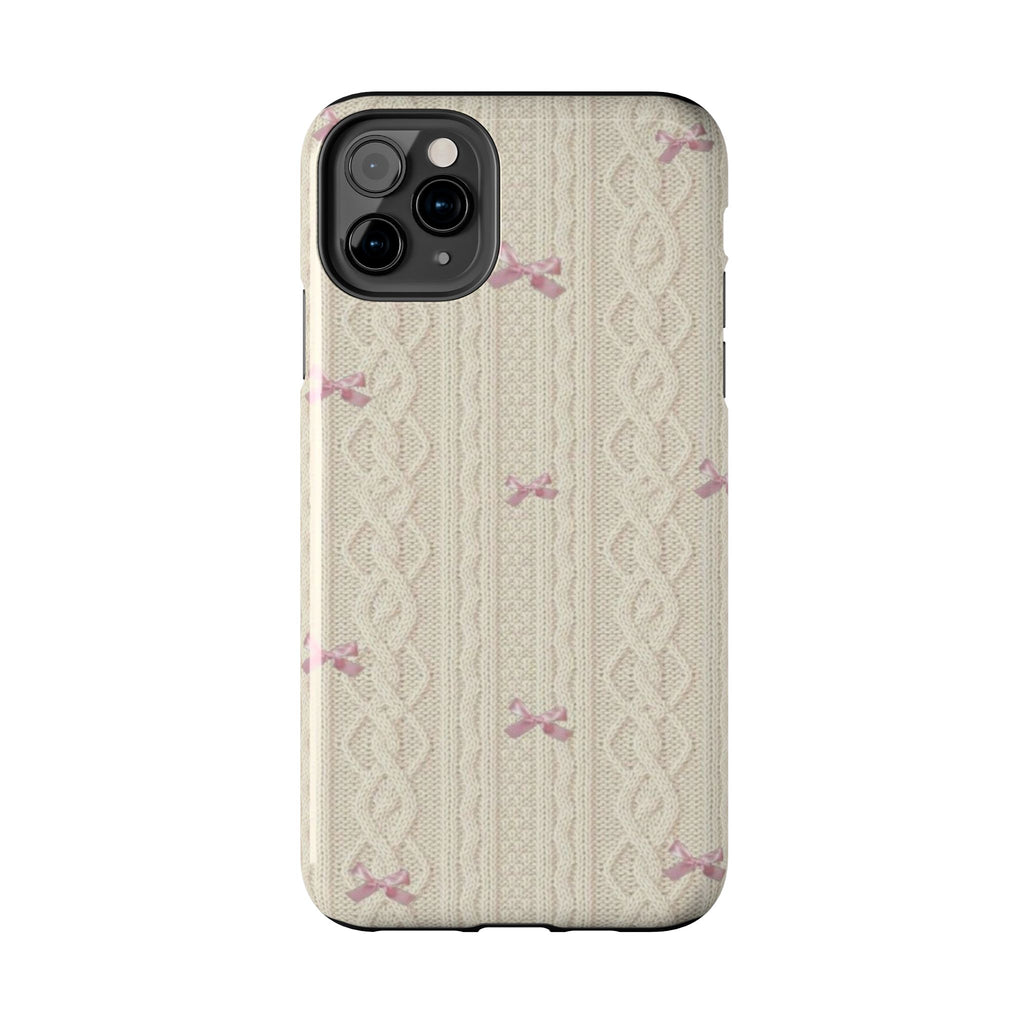 Knitted Sweater Phone Case, Cute Pink Bow Design, iPhone & Samsung Protective Cover, Cozy Aesthetic Pattern, Girls Women Unique Gift