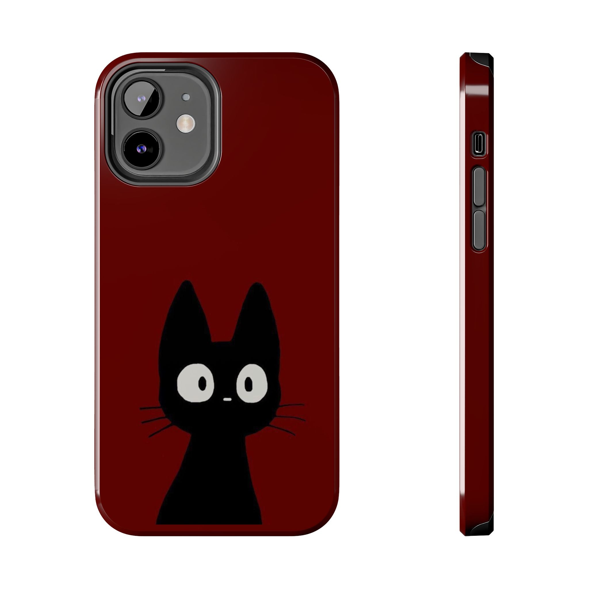 Black Cat Phone Case – Minimal Cute Design, Slim Protective Burgundy Cover
