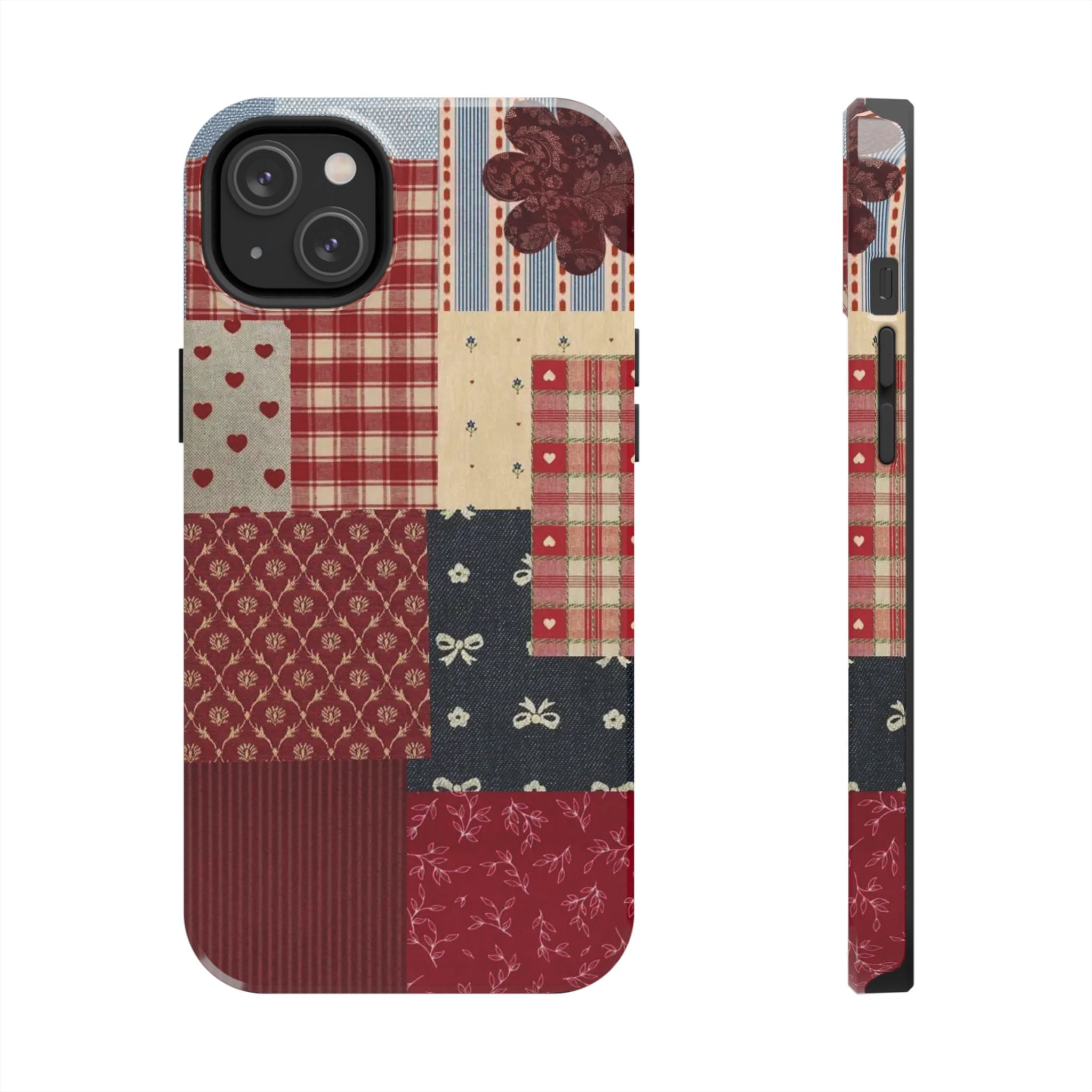 Red Patchwork Phone Case, Quilted Pattern Design, iPhone & Samsung Protective Cover, Rustic Farmhouse Style, Unique Gift for Women