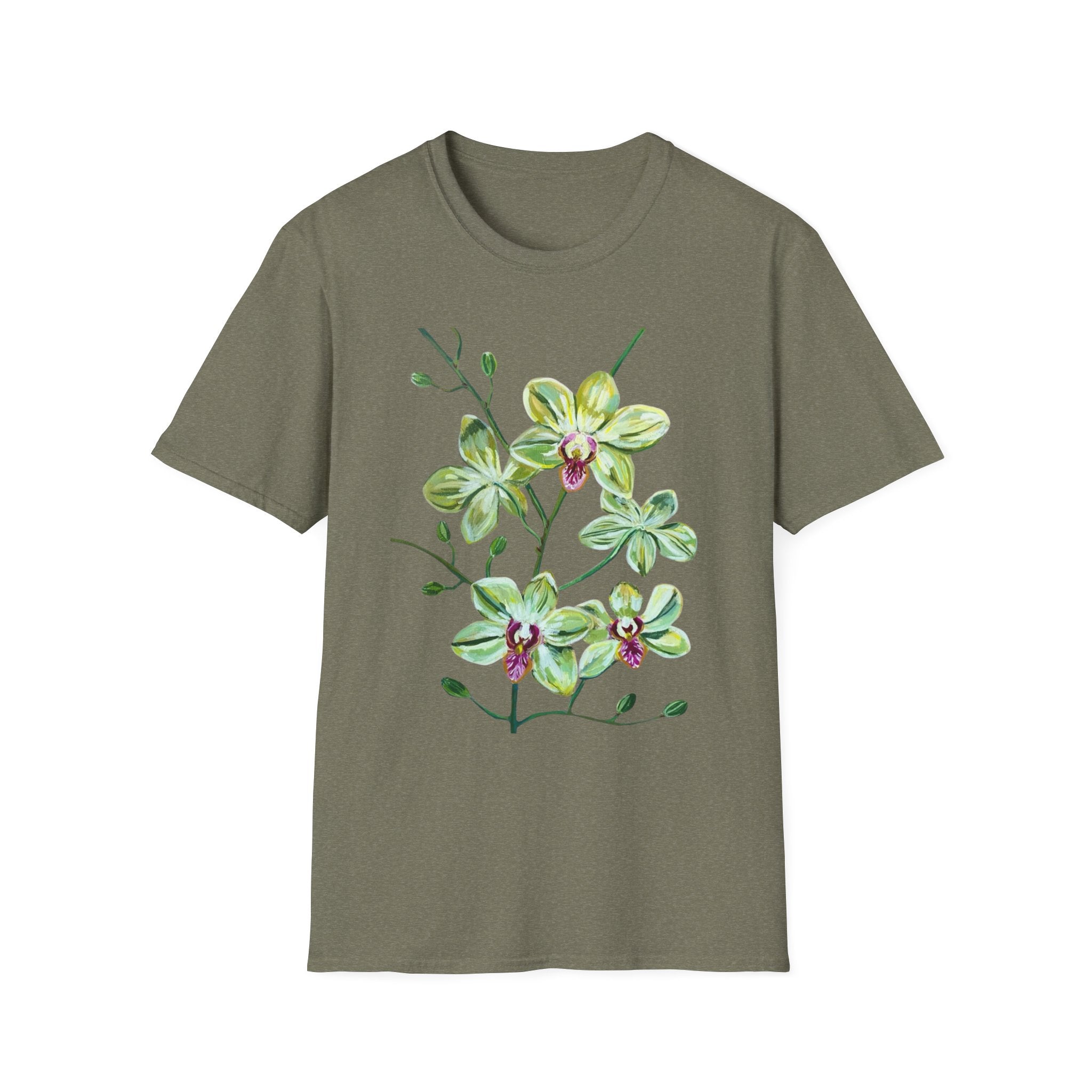 Green Orchid T-Shirt, Botanical Floral Graphic Tee, Nature Plant Art Shirt, Soft Cotton Apparel, Unique Gift for Women Men