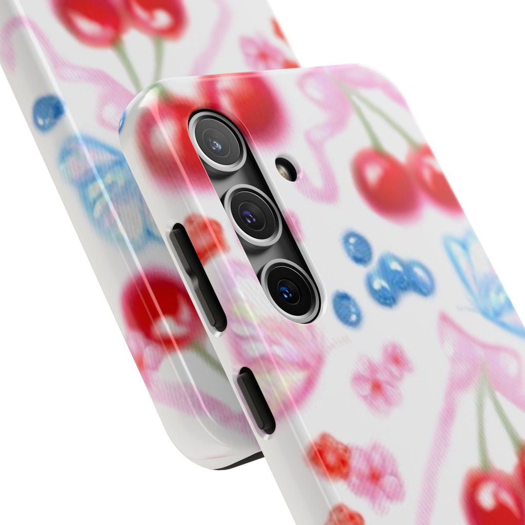 Cute Cherry Strawberry Phone Case, Bow Butterfly Design, iPhone & Samsung Protective Cover, Girls Women Fun Gift, Fruit Floral Pattern