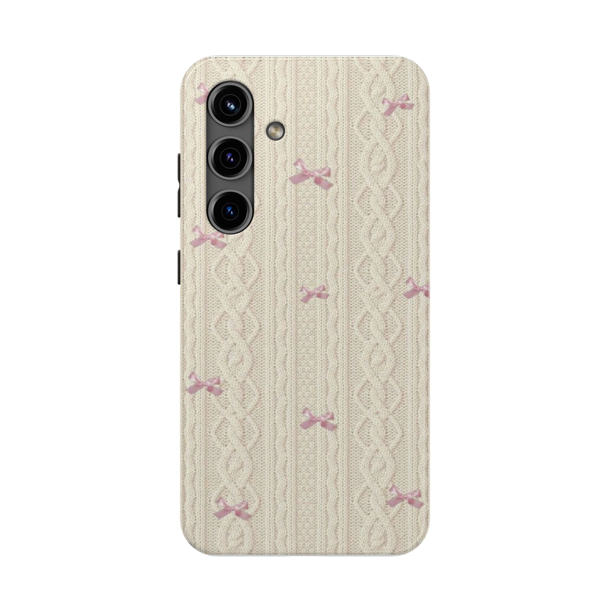 Knitted Sweater Phone Case, Cute Pink Bow Design, iPhone & Samsung Protective Cover, Cozy Aesthetic Pattern, Girls Women Unique Gift