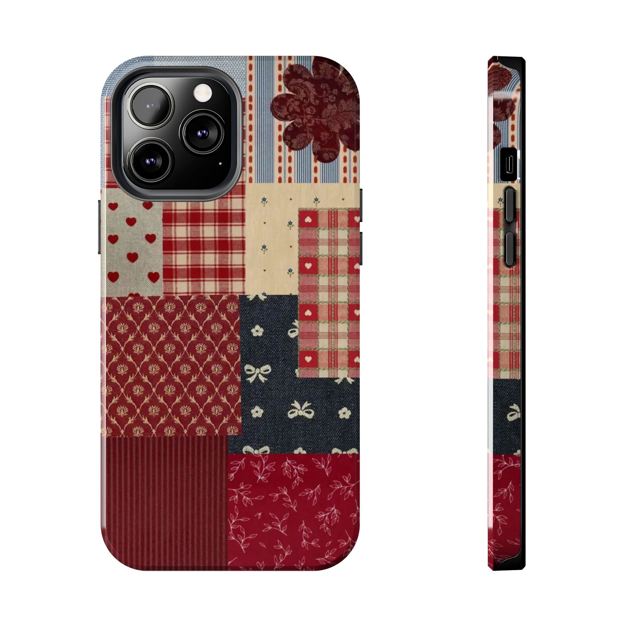 Red Patchwork Phone Case, Quilted Pattern Design, iPhone & Samsung Protective Cover, Rustic Farmhouse Style, Unique Gift for Women