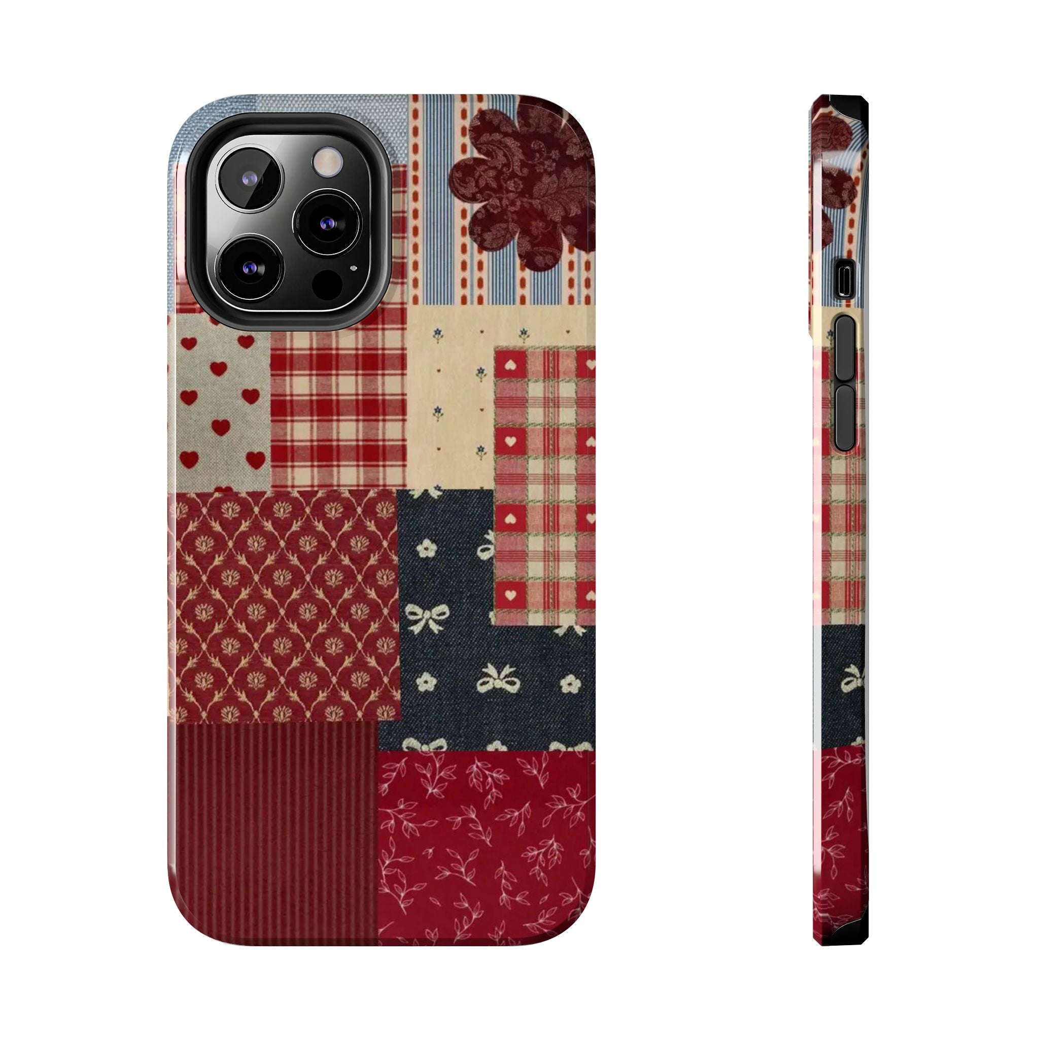Red Patchwork Phone Case, Quilted Pattern Design, iPhone & Samsung Protective Cover, Rustic Farmhouse Style, Unique Gift for Women