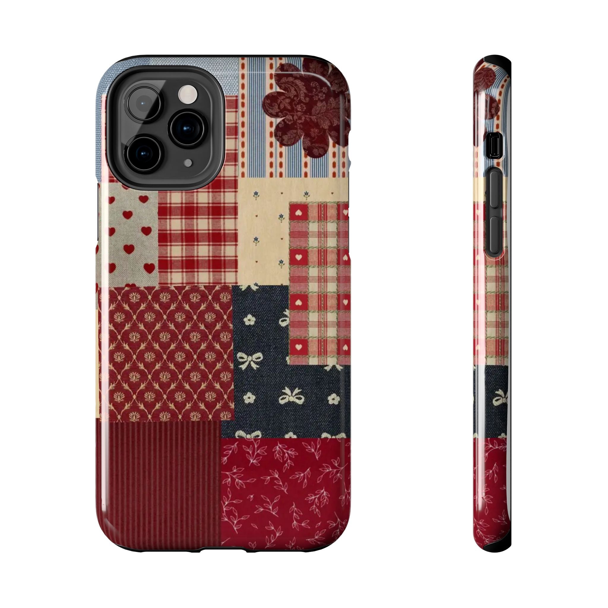 Red Patchwork Phone Case, Quilted Pattern Design, iPhone & Samsung Protective Cover, Rustic Farmhouse Style, Unique Gift for Women