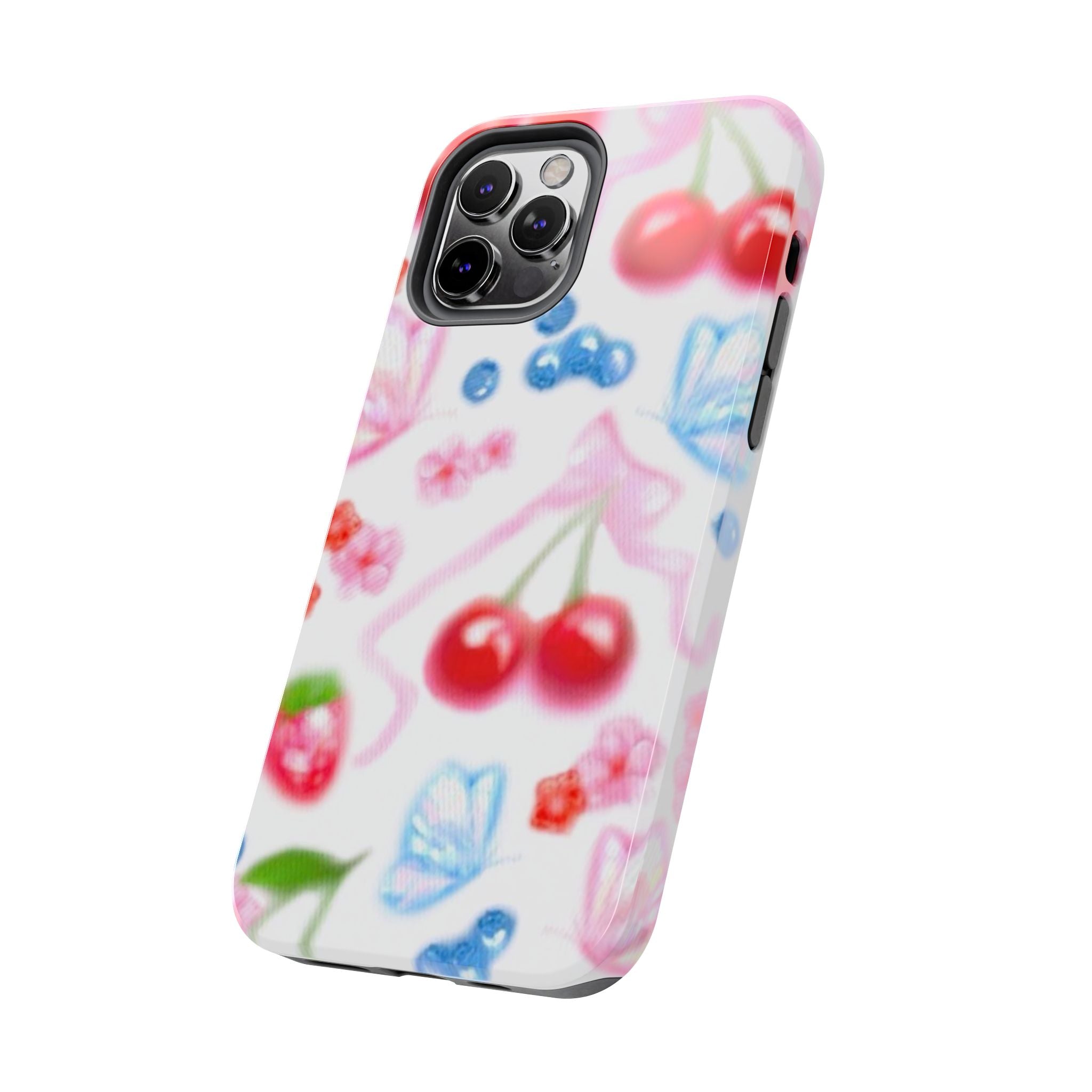 Cute Cherry Strawberry Phone Case, Bow Butterfly Design, iPhone & Samsung Protective Cover, Girls Women Fun Gift, Fruit Floral Pattern