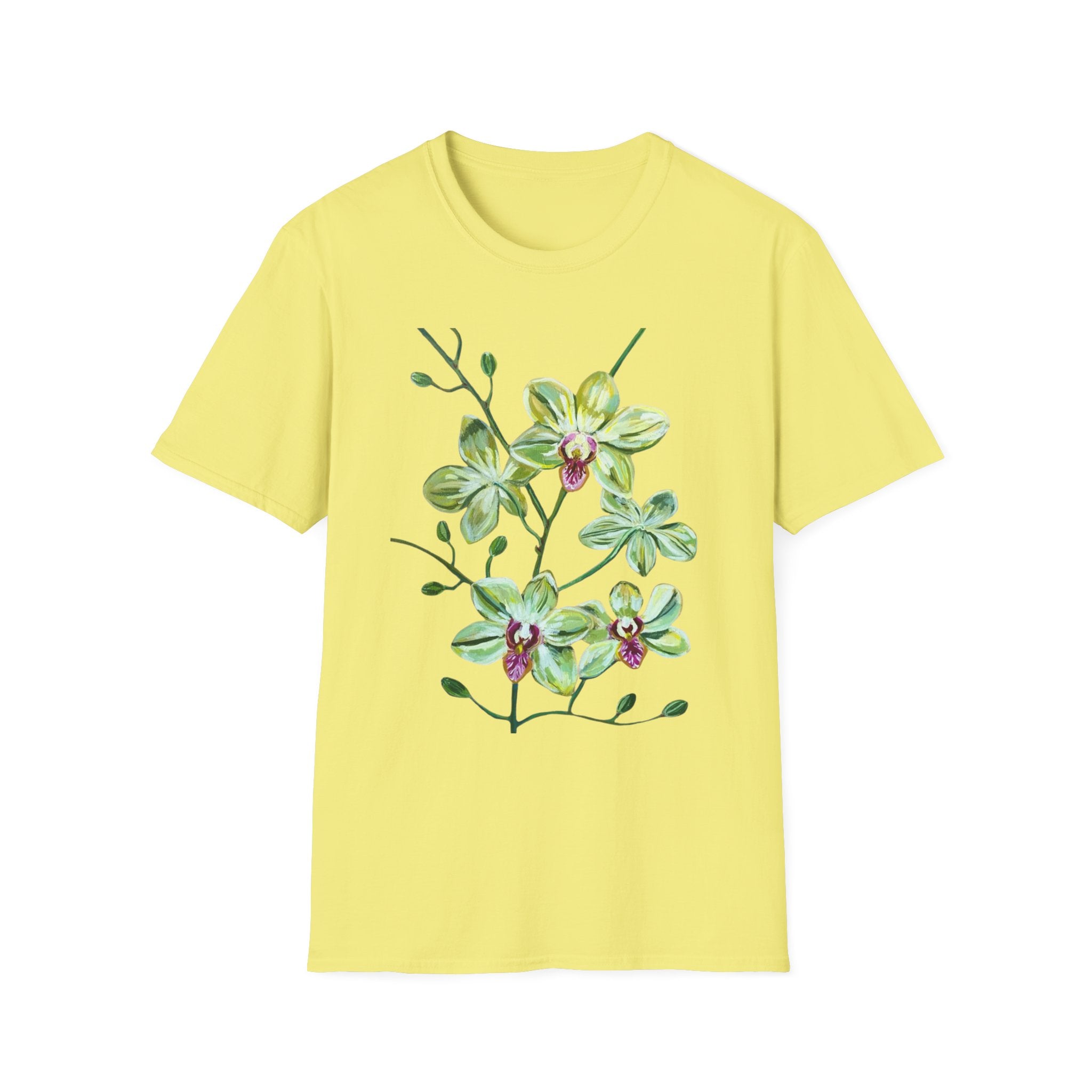 Green Orchid T-Shirt, Botanical Floral Graphic Tee, Nature Plant Art Shirt, Soft Cotton Apparel, Unique Gift for Women Men