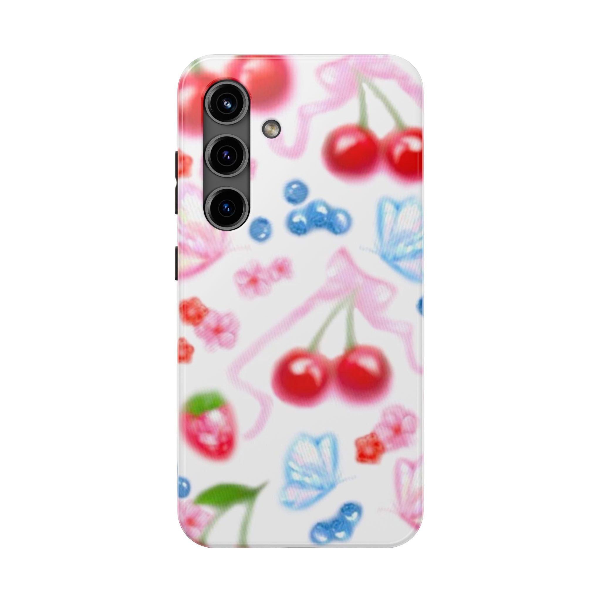 Cute Cherry Strawberry Phone Case, Bow Butterfly Design, iPhone & Samsung Protective Cover, Girls Women Fun Gift, Fruit Floral Pattern