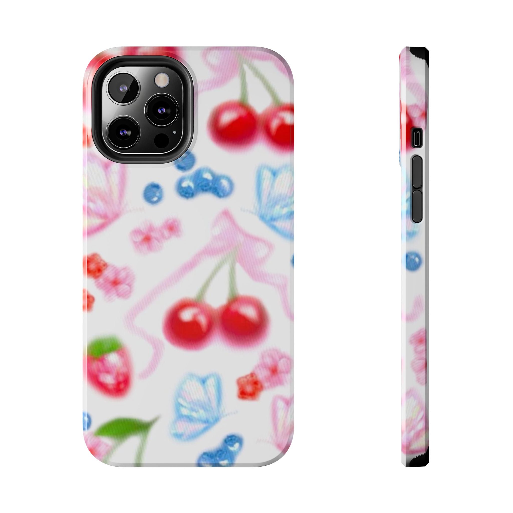 Cute Cherry Strawberry Phone Case, Bow Butterfly Design, iPhone & Samsung Protective Cover, Girls Women Fun Gift, Fruit Floral Pattern