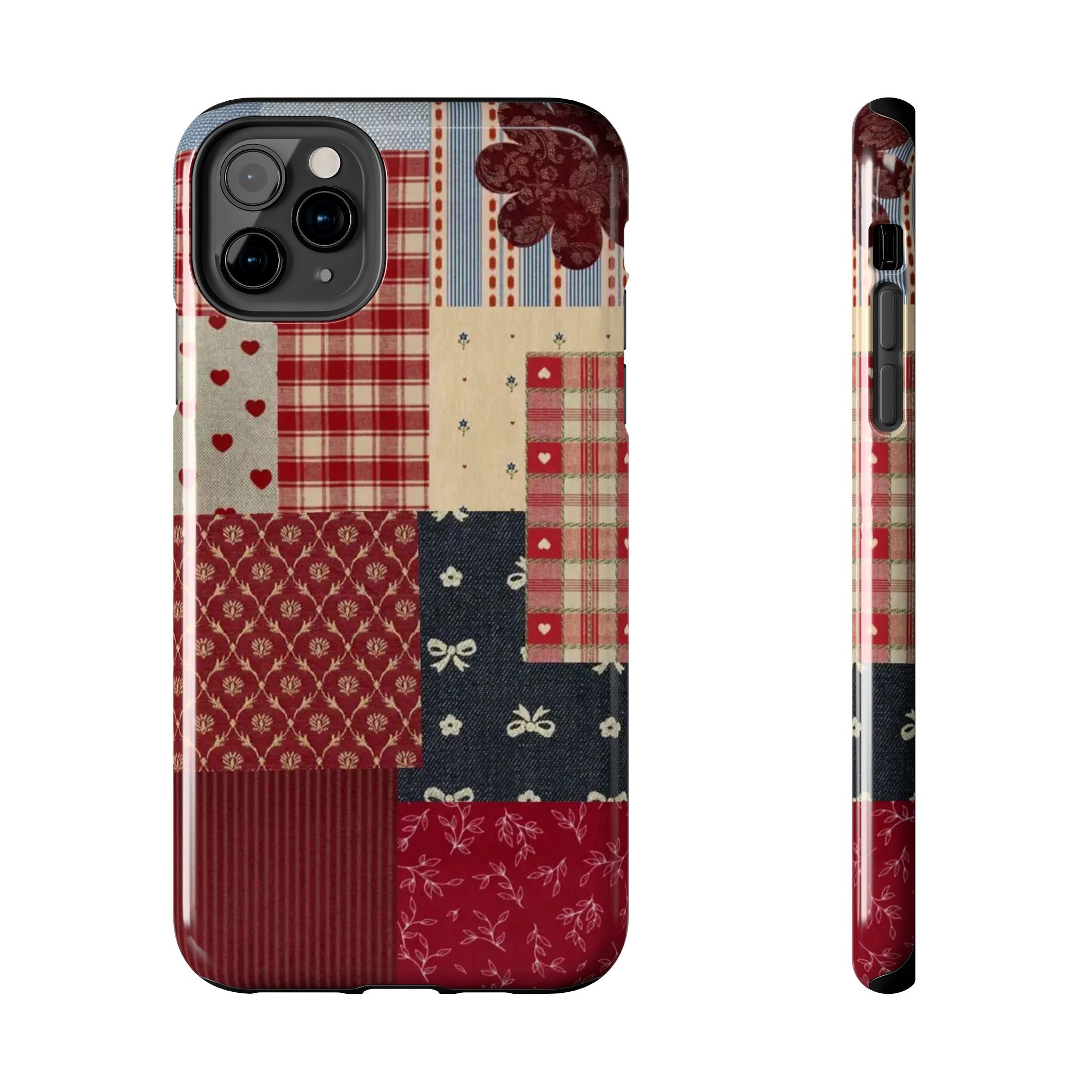 Red Patchwork Phone Case, Quilted Pattern Design, iPhone & Samsung Protective Cover, Rustic Farmhouse Style, Unique Gift for Women