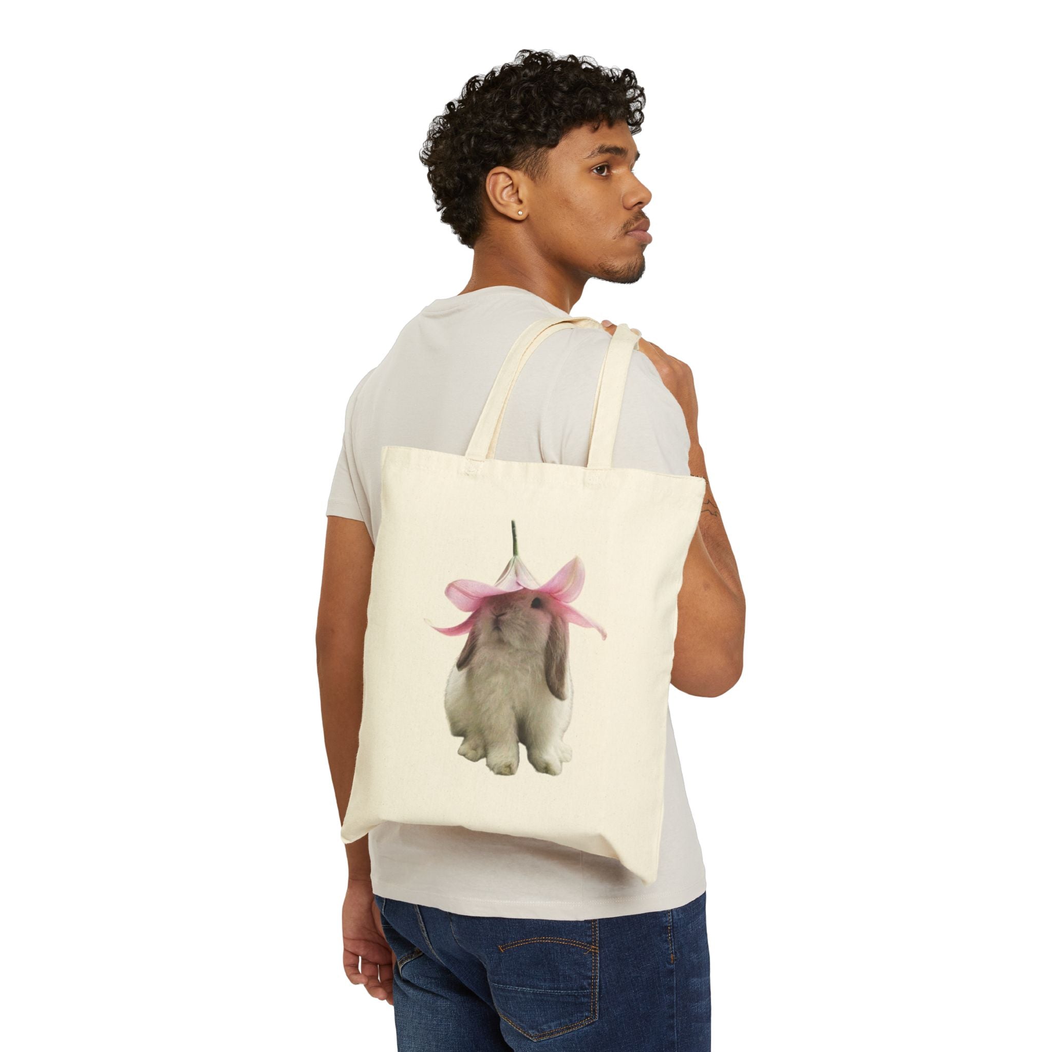 Cute Bunny Tote Bag, Rabbit with Flower Design, Aesthetic Cotton Canvas Bag, Reusable Shopping Gift, Animal Lover Accessory