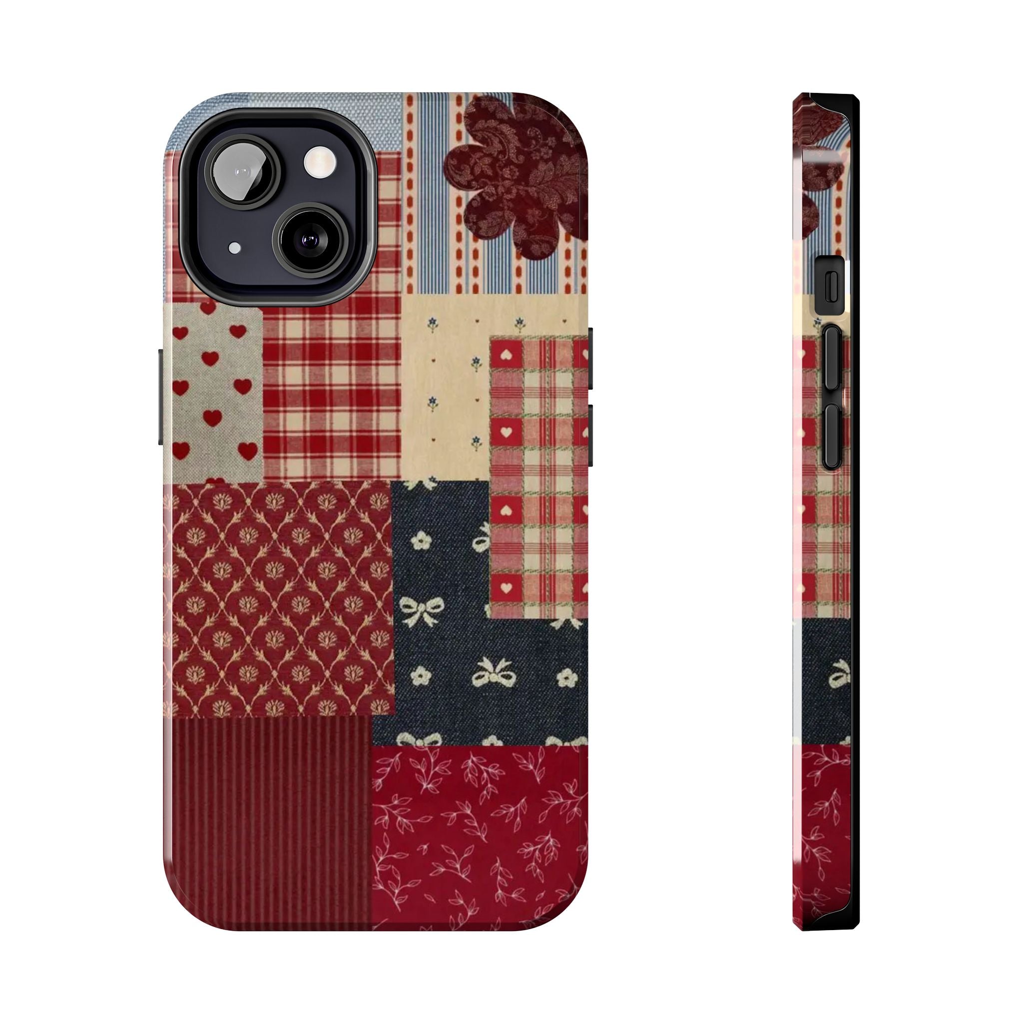 Red Patchwork Phone Case, Quilted Pattern Design, iPhone & Samsung Protective Cover, Rustic Farmhouse Style, Unique Gift for Women