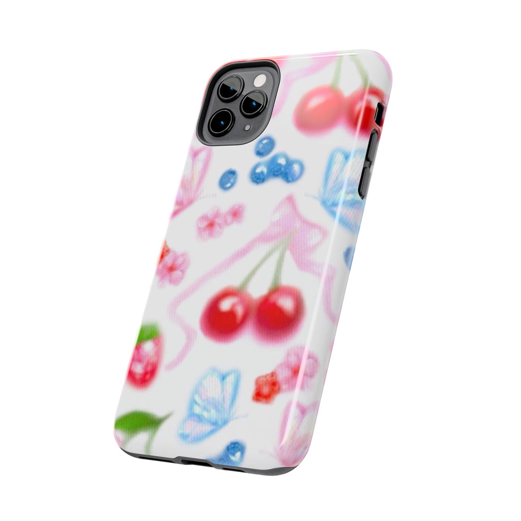 Cute Cherry Strawberry Phone Case, Bow Butterfly Design, iPhone & Samsung Protective Cover, Girls Women Fun Gift, Fruit Floral Pattern