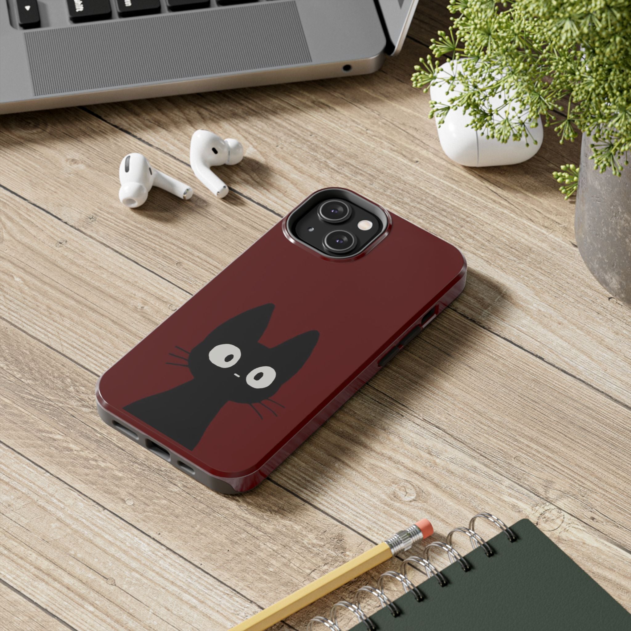 Black Cat Phone Case – Minimal Cute Design, Slim Protective Burgundy Cover