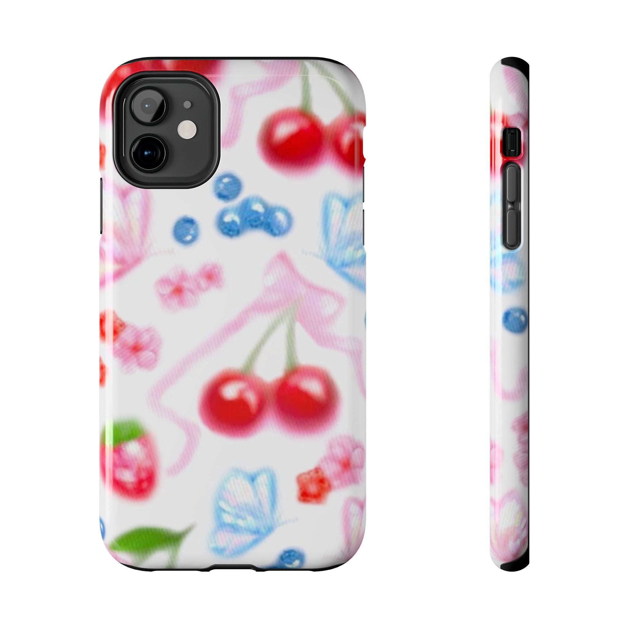 Cute Cherry Strawberry Phone Case, Bow Butterfly Design, iPhone & Samsung Protective Cover, Girls Women Fun Gift, Fruit Floral Pattern