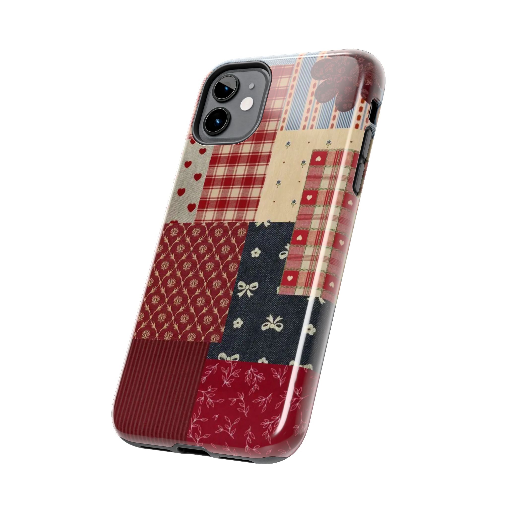 Red Patchwork Phone Case, Quilted Pattern Design, iPhone & Samsung Protective Cover, Rustic Farmhouse Style, Unique Gift for Women