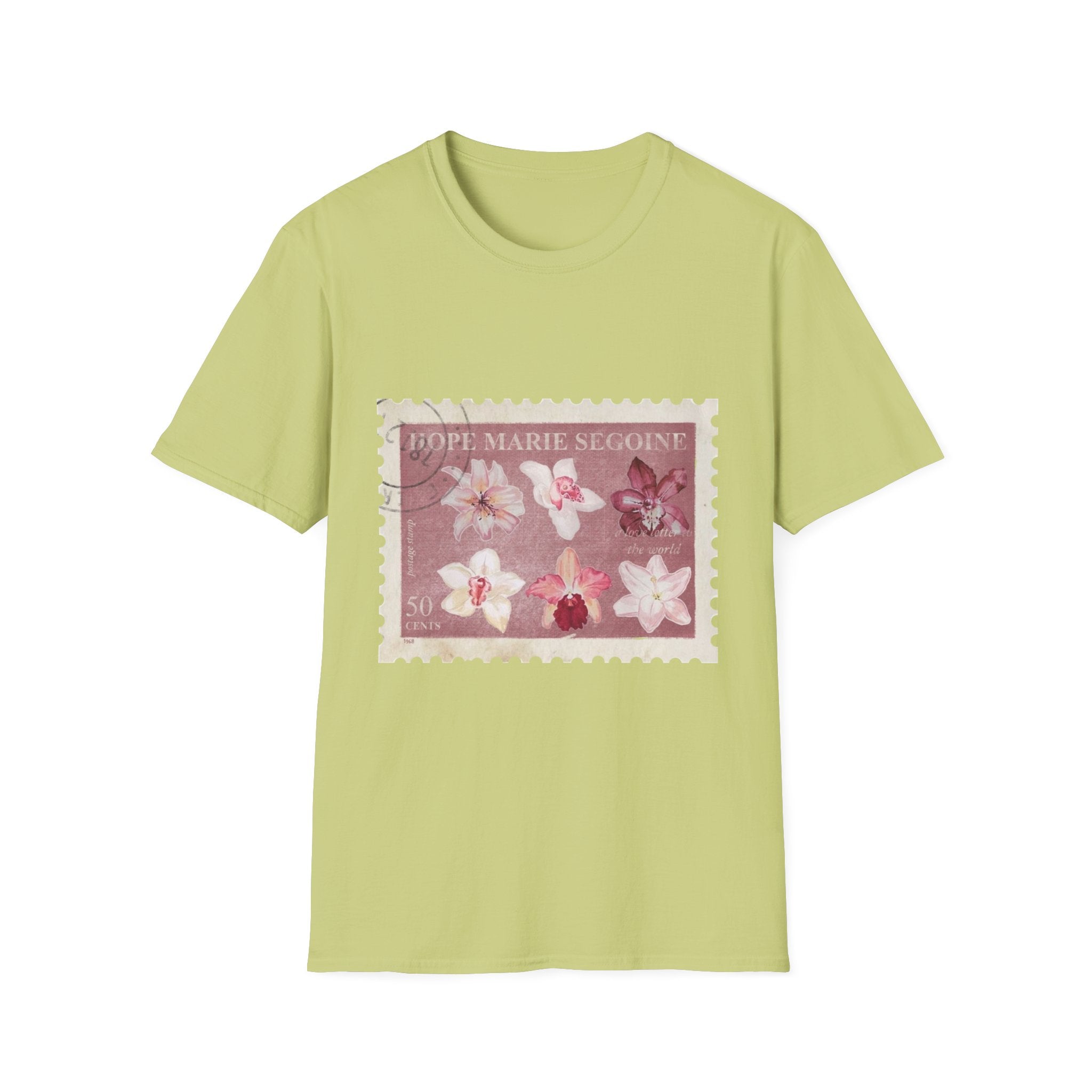 Vintage Flower Stamp T-Shirt, Botanical Orchid Graphic Tee, Retro Floral Art Shirt, Soft Cotton Apparel, Unique Gift for Women Men