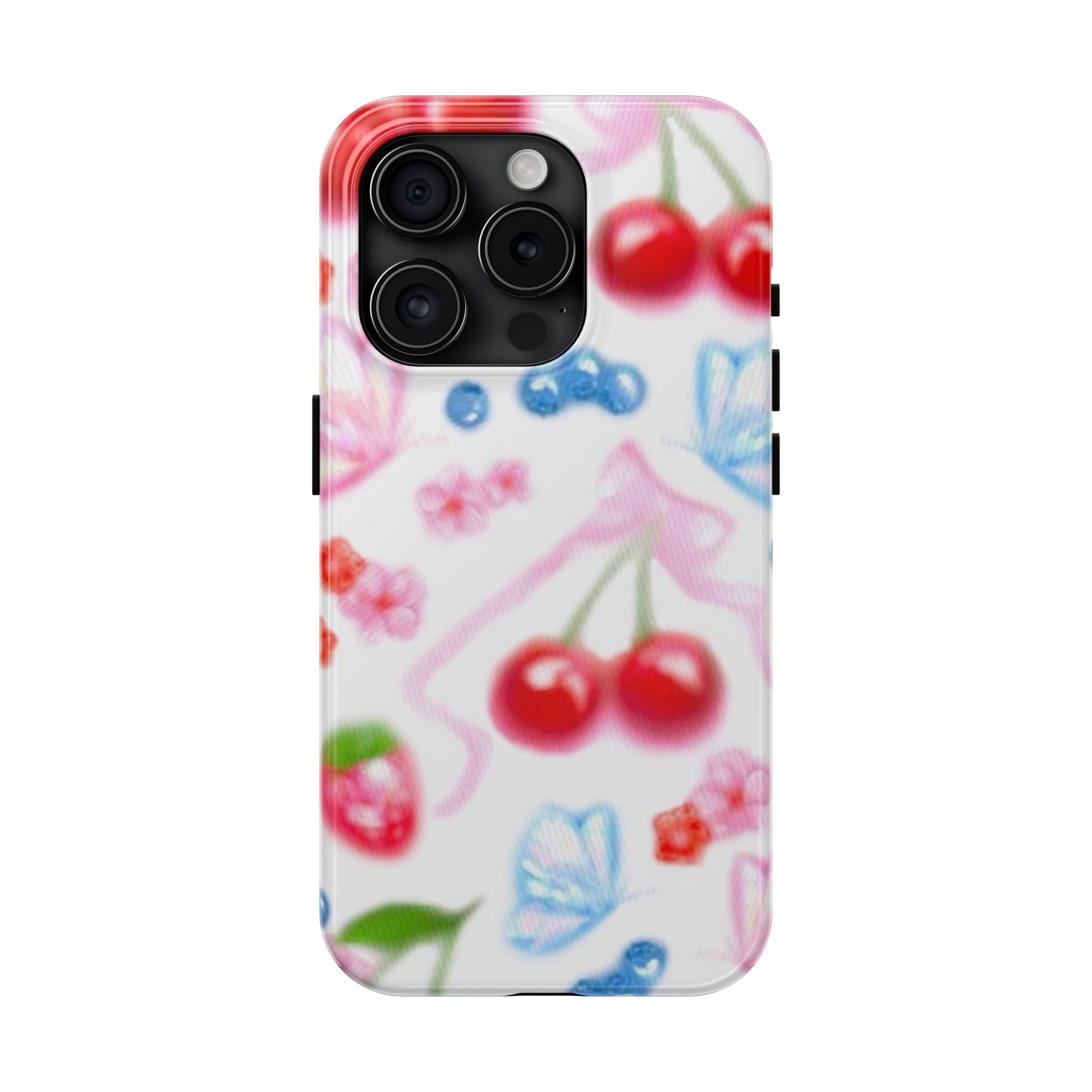 Cute Cherry Strawberry Phone Case, Bow Butterfly Design, iPhone & Samsung Protective Cover, Girls Women Fun Gift, Fruit Floral Pattern