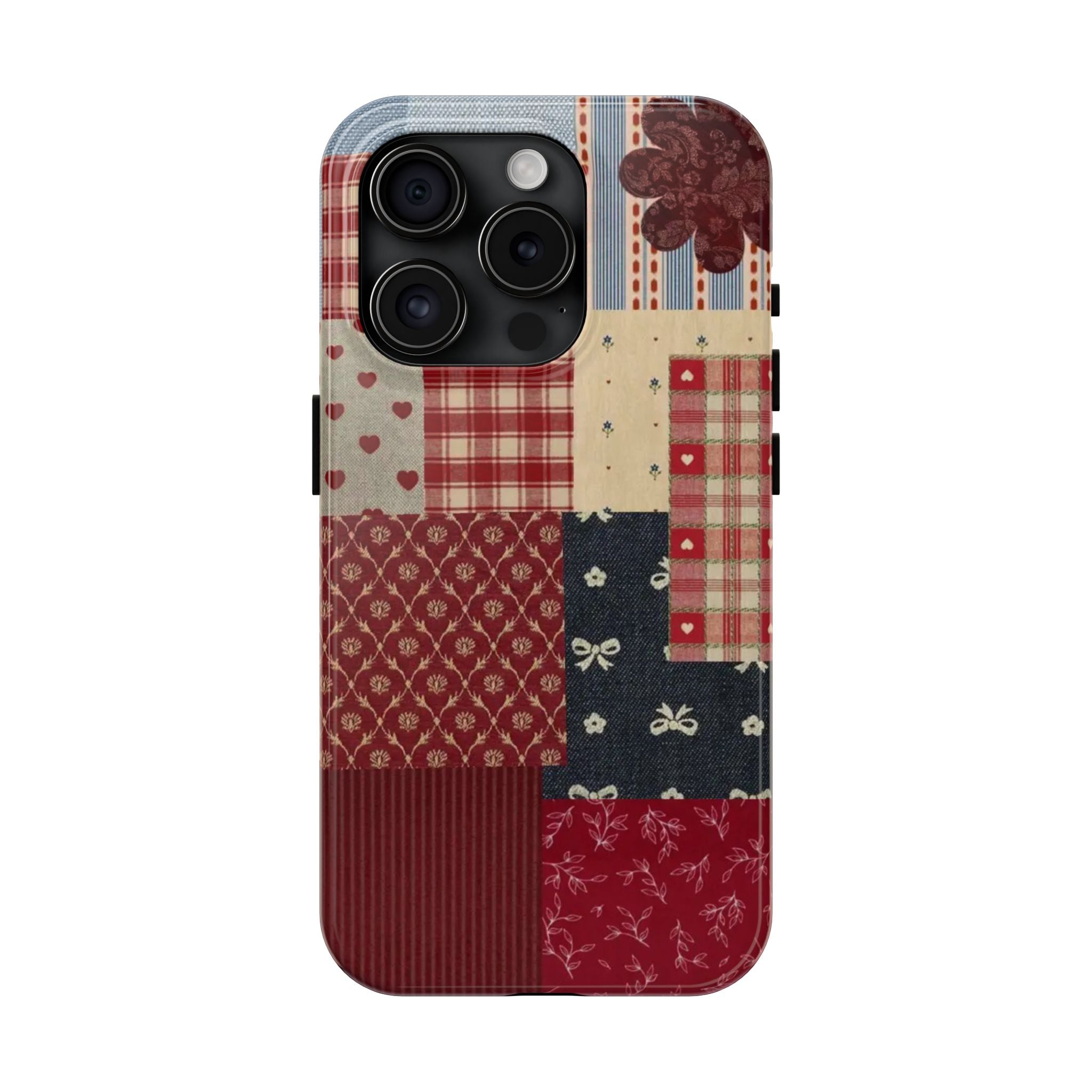 Red Patchwork Phone Case, Quilted Pattern Design, iPhone & Samsung Protective Cover, Rustic Farmhouse Style, Unique Gift for Women